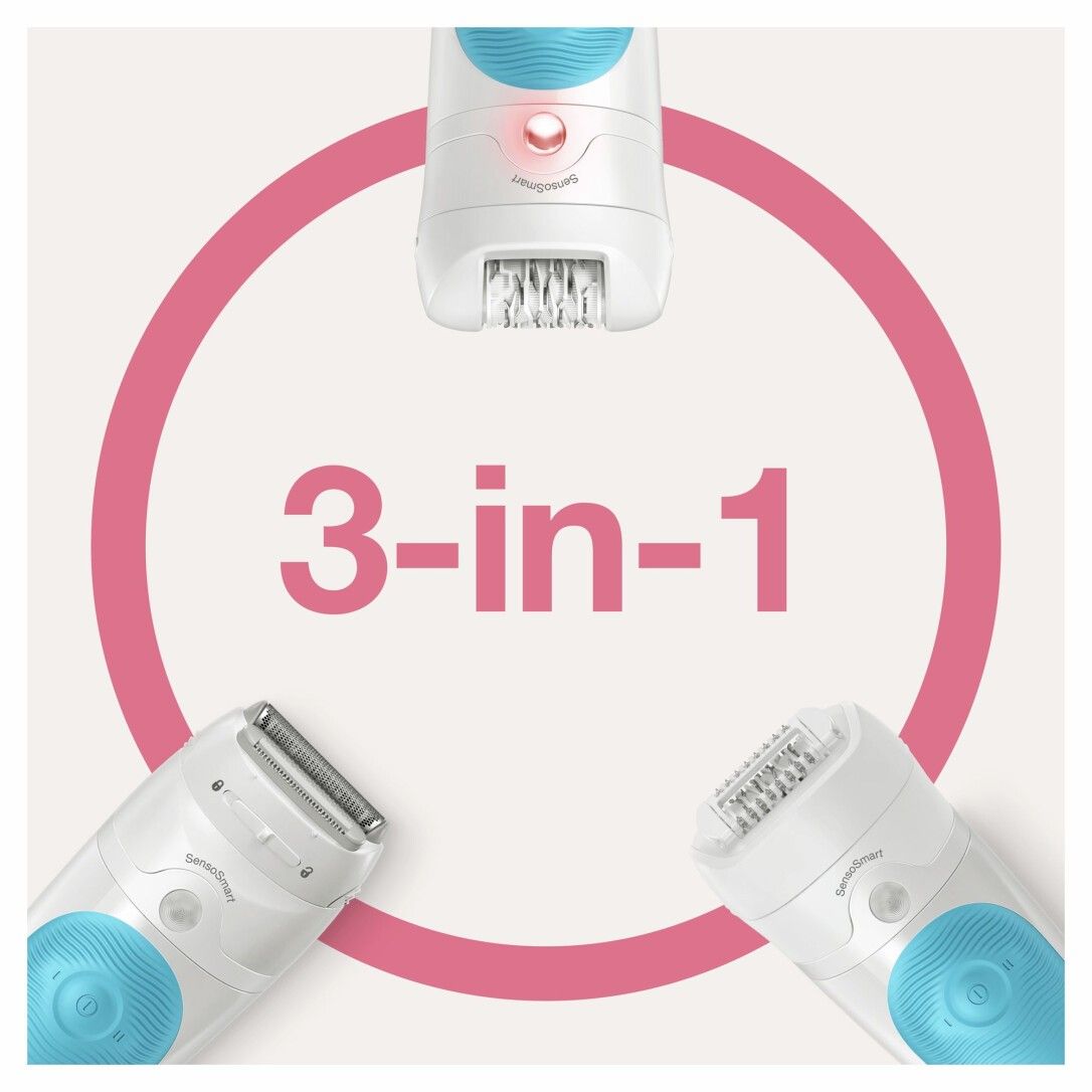 Drei Epilierer mit Text "3-in-1". Auf den Geräten steht "SensoSmart".