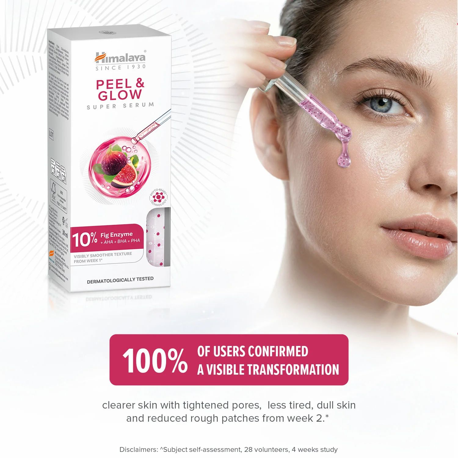 Frau mit Serum-Pipette. Text: Peel & Glow, Super Serum. 10% Feigenenzym. 100% der Anwender bestätigten eine sichtbare Veränderung.