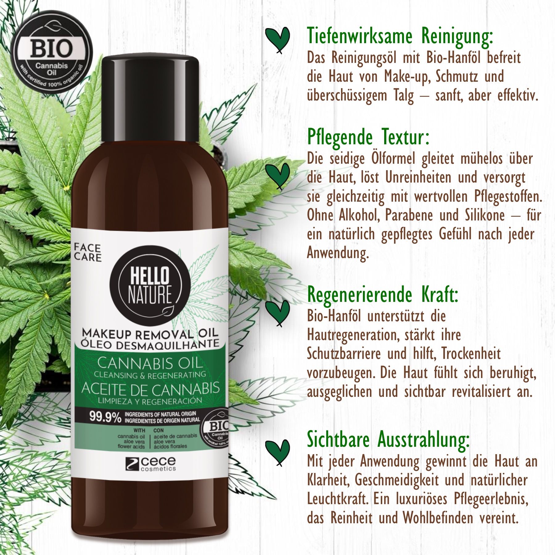 Hello Nature Make-up-Entferner für Gesichtreinigung mit Hanföl