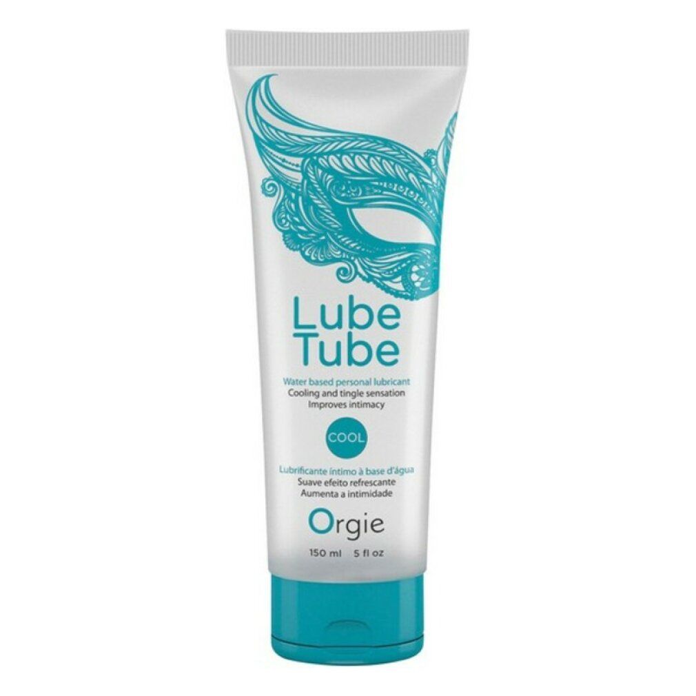 Tube mit Produktbezeichnung Lube Tube Cool. Text: Water based personal lubricant. Marke: Orgie. Türkis-farbener Verschluss.