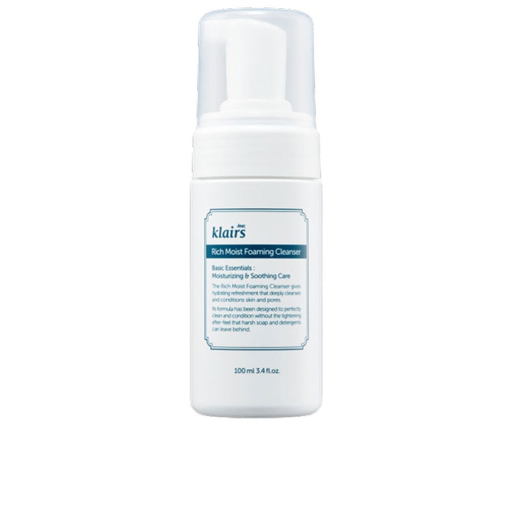 Weiße Schaumflasche mit Klairs-Logo und Text. Klare Kappe. Produktname: Rich Moist Foaming Cleanser. 100 ml.