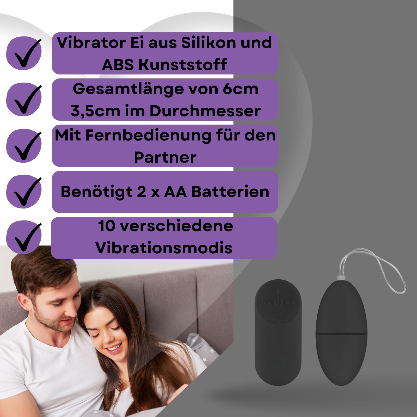 Produktabbildung mit Text. Enthält Informationen über Material, Größe, Fernbedienung und Batterien.
