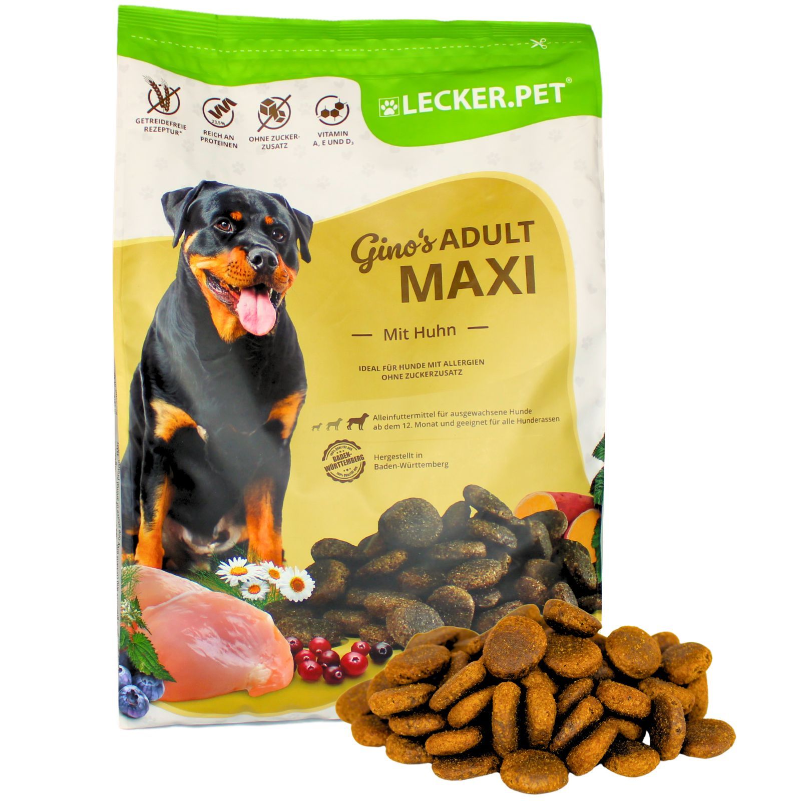 Lecker.Pet® Gino's Adult Maxi mit Huhn Hundefutter Trockenfutter Vollnahrung 4 kg Nicht relevant
