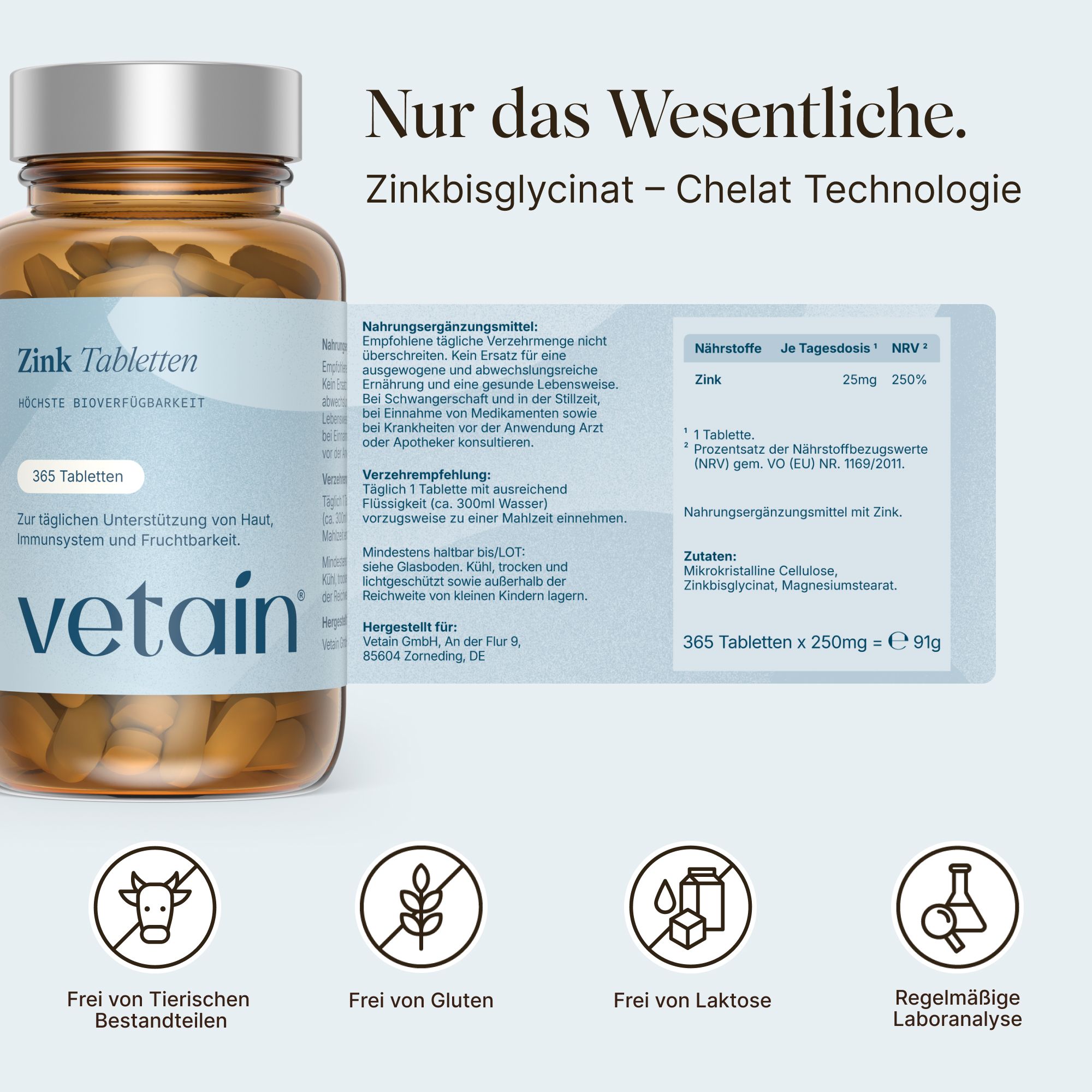 Vetaing Zink Tablettenflasche mit Nährwertangaben und Siegeln: Frei von tierischen Bestandteilen, Gluten, Laktose.