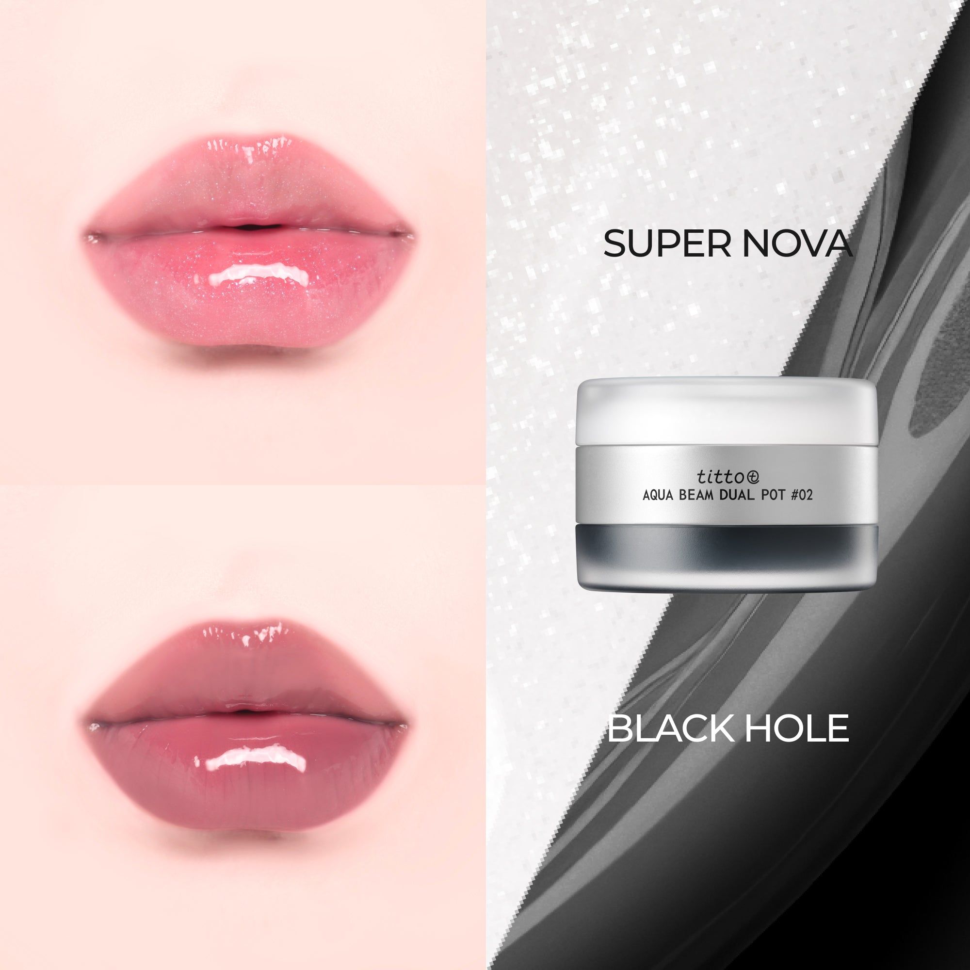 Lippen mit zwei Farben. TITTO Aqua Beam Dual Pot #02. Super Nova und Black Hole. Produktabbildung.