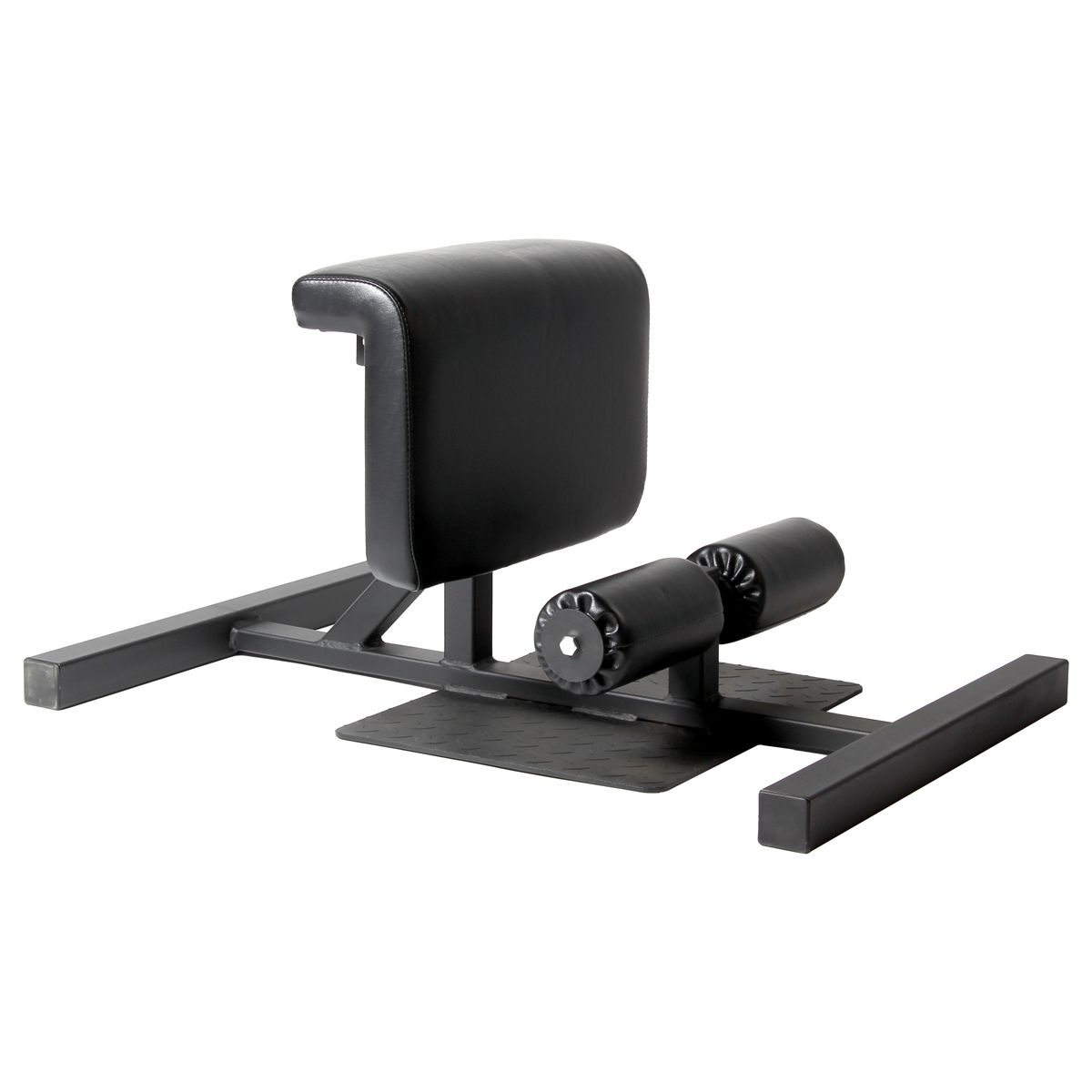 Sissy-Squat-Maschine aus Stahl. Schwarze Polsterung, rechteckige Basis, zwei Fußrollen. Für Fitness-Zwecke.