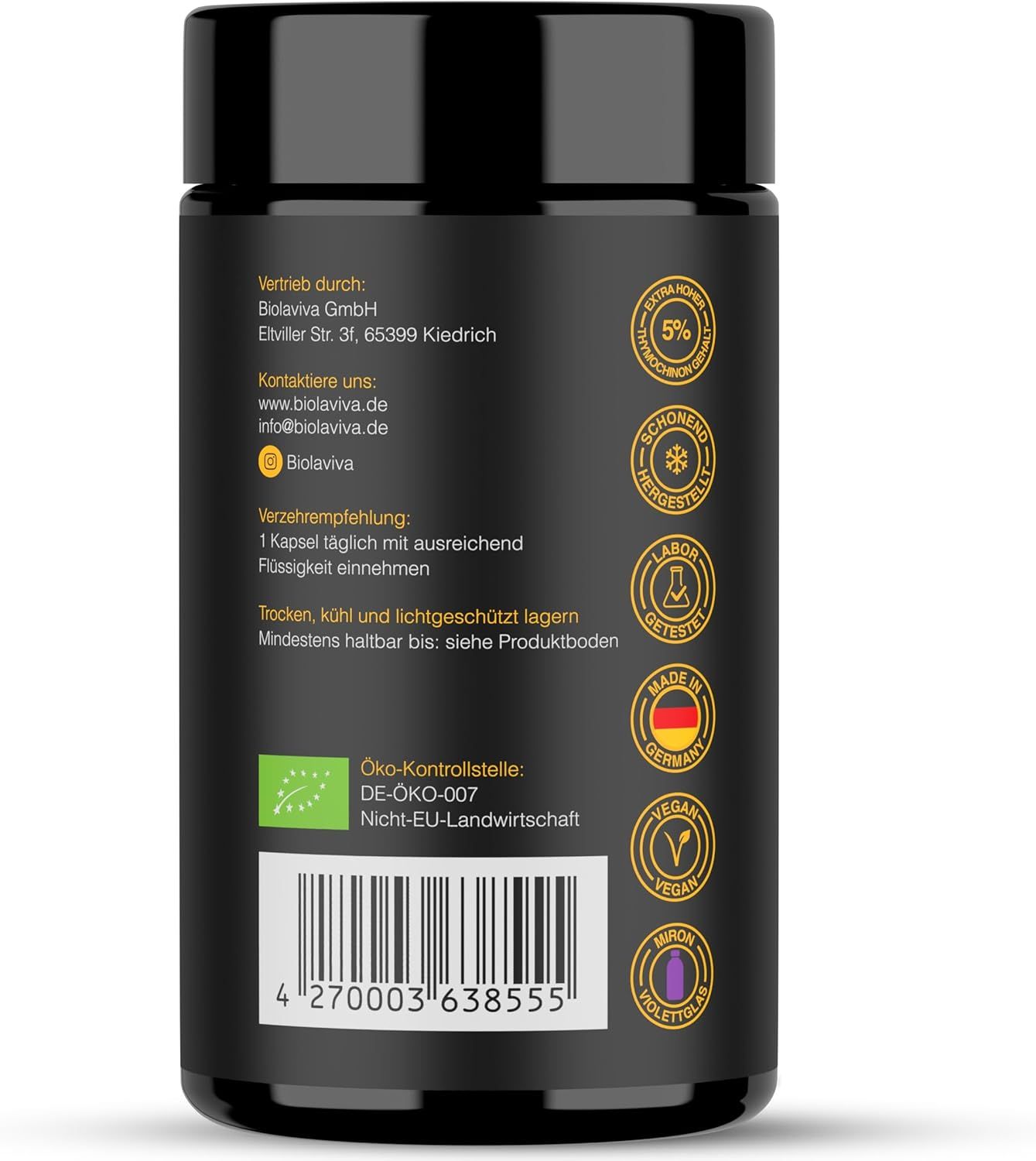 Rückseite einer schwarzen Dose. Text: Biolaviva, Verzehrempfehlung, Öko-Kontrollstelle, Mindestens haltbar bis. Siegel: Vegan, Made in Germany, Miron Violettglas.