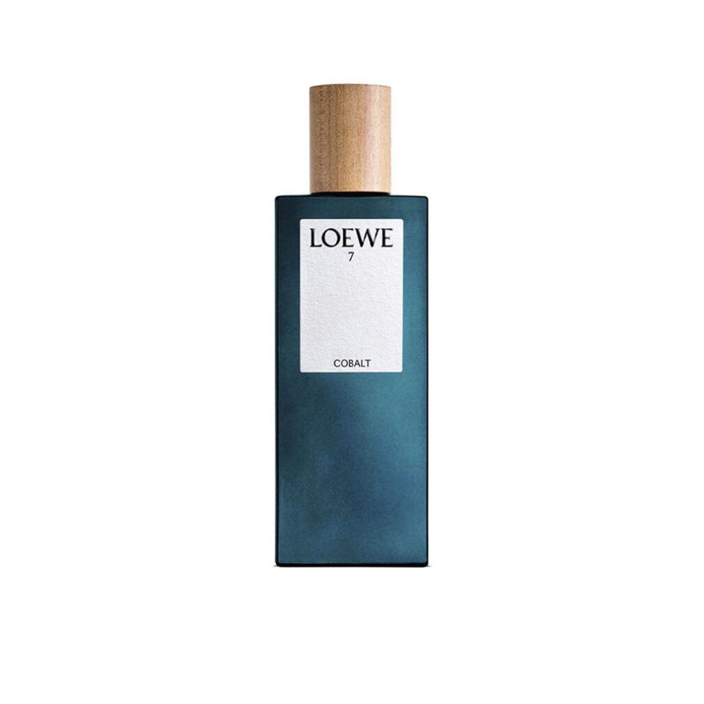 Loewe 7 Cobalt Eau de Parfum Spray. Blaue, rechteckige Flasche mit Holzverschluss und weißem Etikett. Produktbezeichnung.