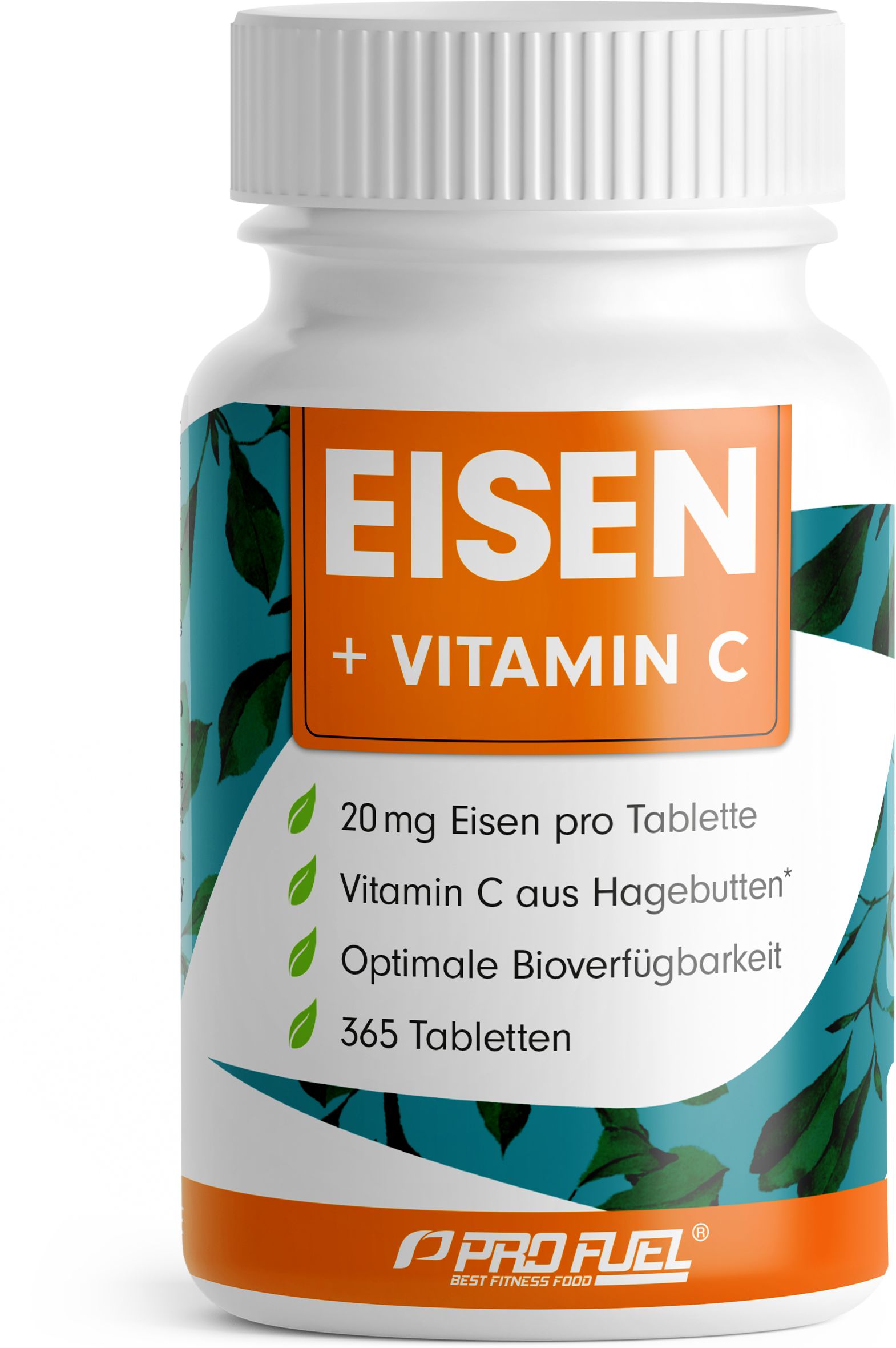 Weiße Flasche mit Etikett. Aufschrift: EISEN + VITAMIN C. Enthält 20mg Eisen, Vitamin C aus Hagebutten, 365 Tabletten. Marke: ProFuel.