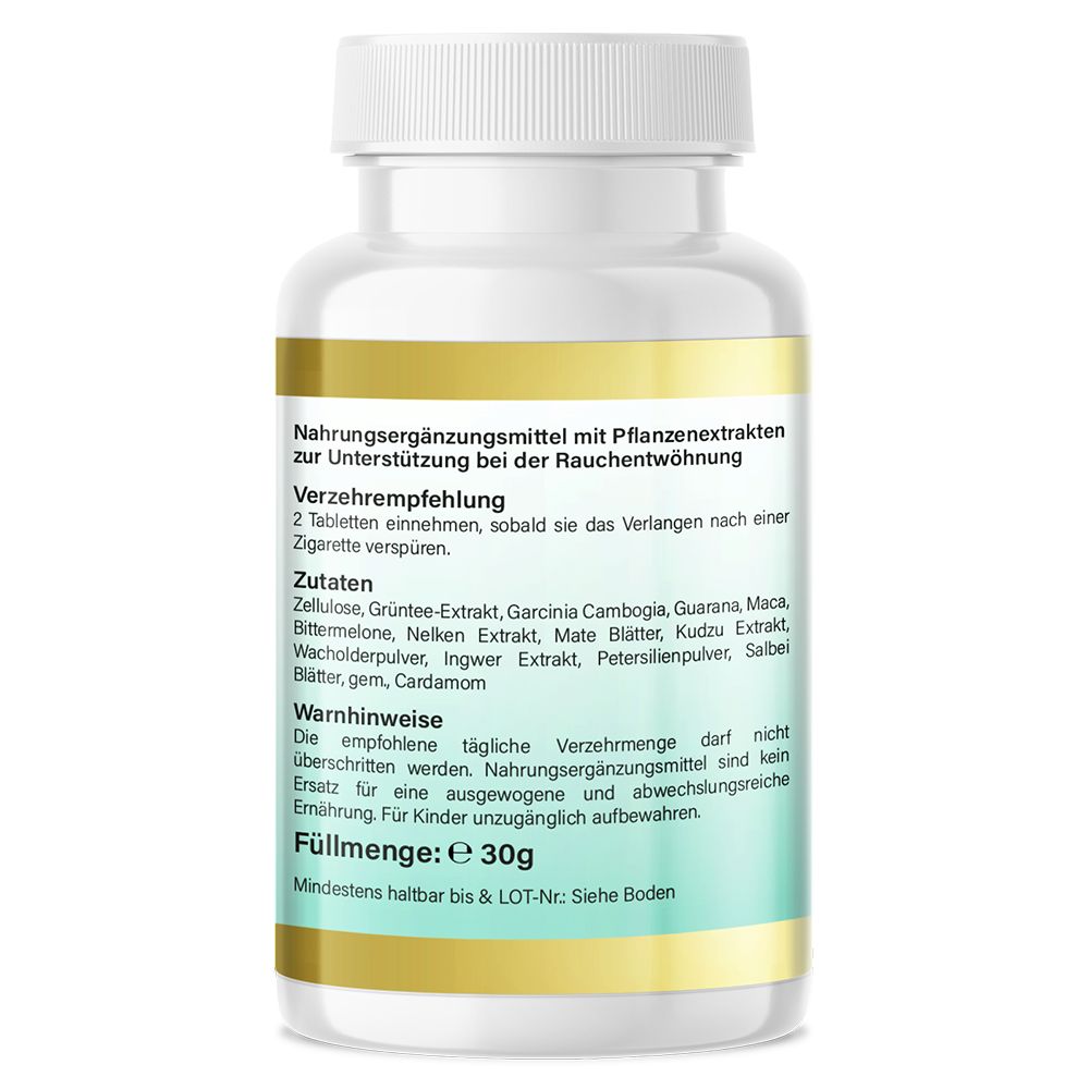 Rückseite der weißen Flasche. Text: Nahrungsergänzungsmittel mit Pflanzenextrakten. Verzehrempfehlung, Zutaten, Warnhinweise, Füllmenge: 30g.