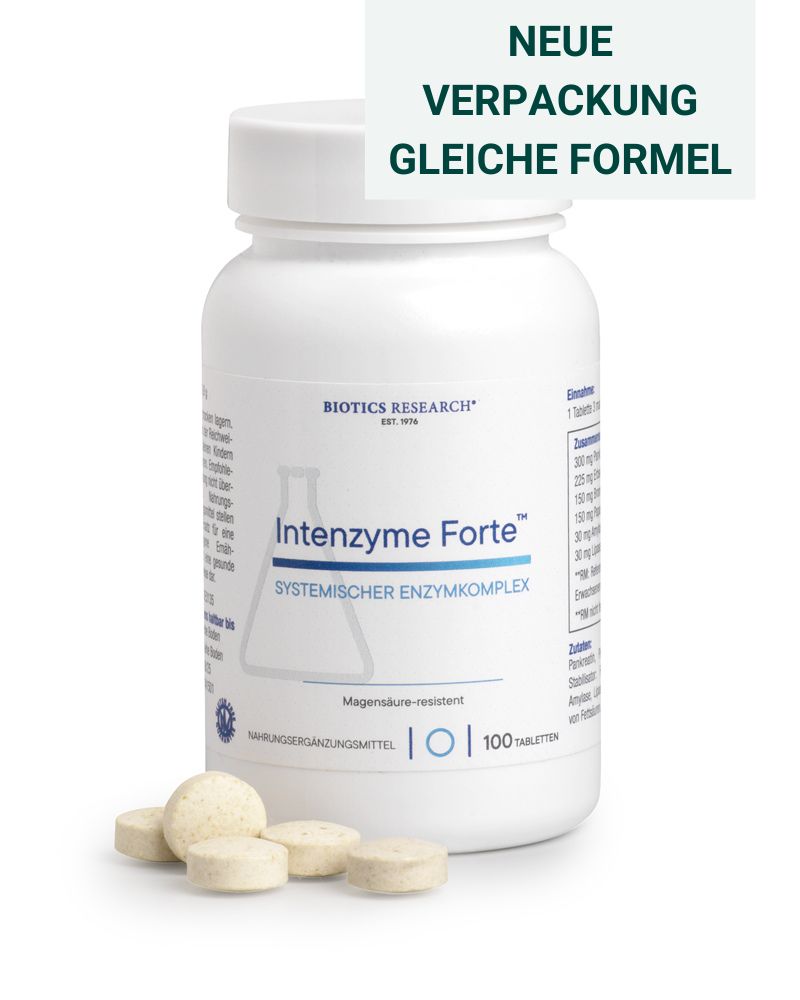 Weiße Flasche mit Schraubverschluss. Aufschrift: Intenzyme Forte, 100 Tabletten. Marke: Biotics Research. Enthält Enzyme. Neue Verpackung.