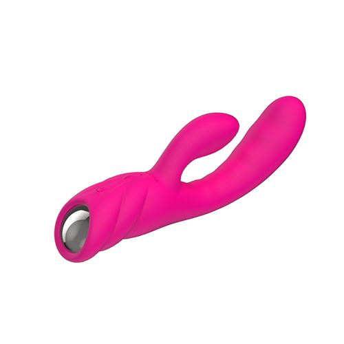 Pinkfarbener Vibrator mit gebogener Form und zwei Ausläufern. An einem Ende befindet sich eine silberfarbene Kugel.