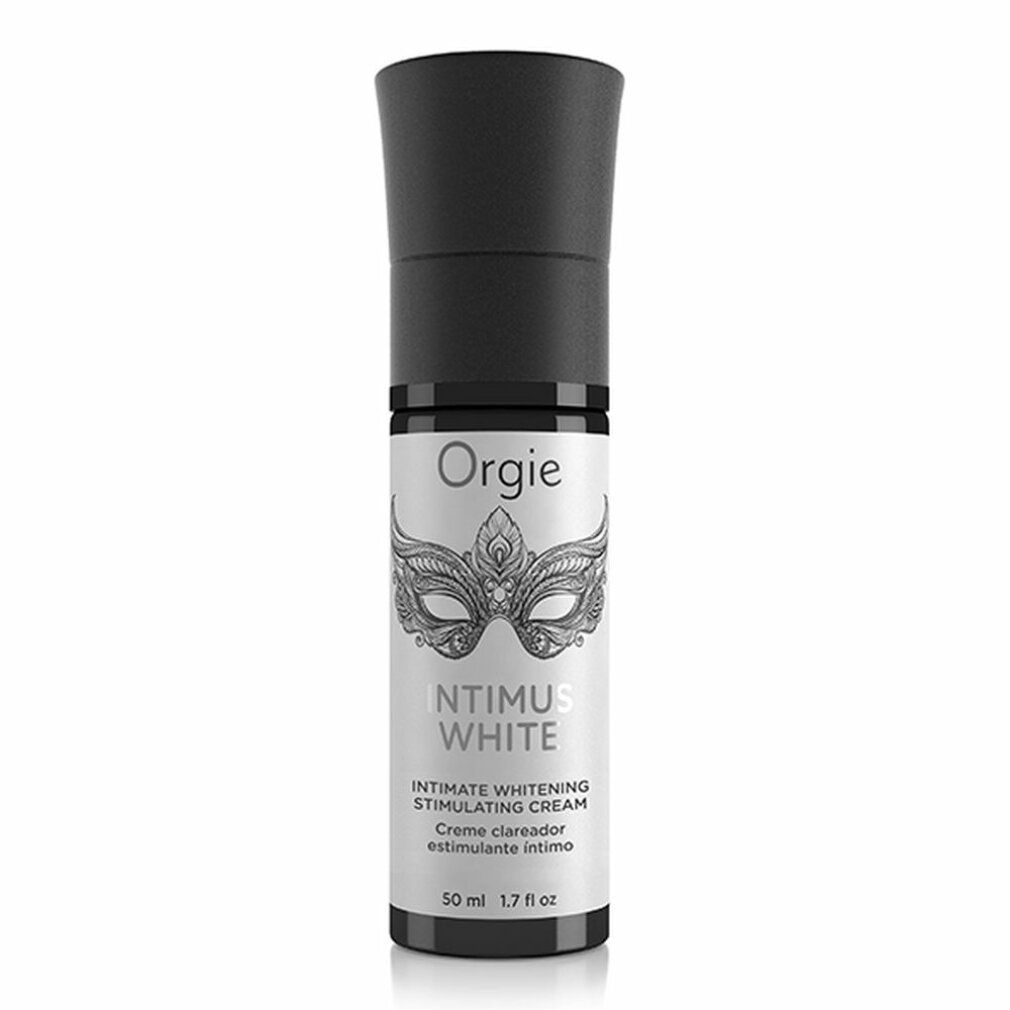Orgie Intimus White Creme-Tube. Schwarze Tube mit Masken-Design. Text: Intimus White, 50 ml.