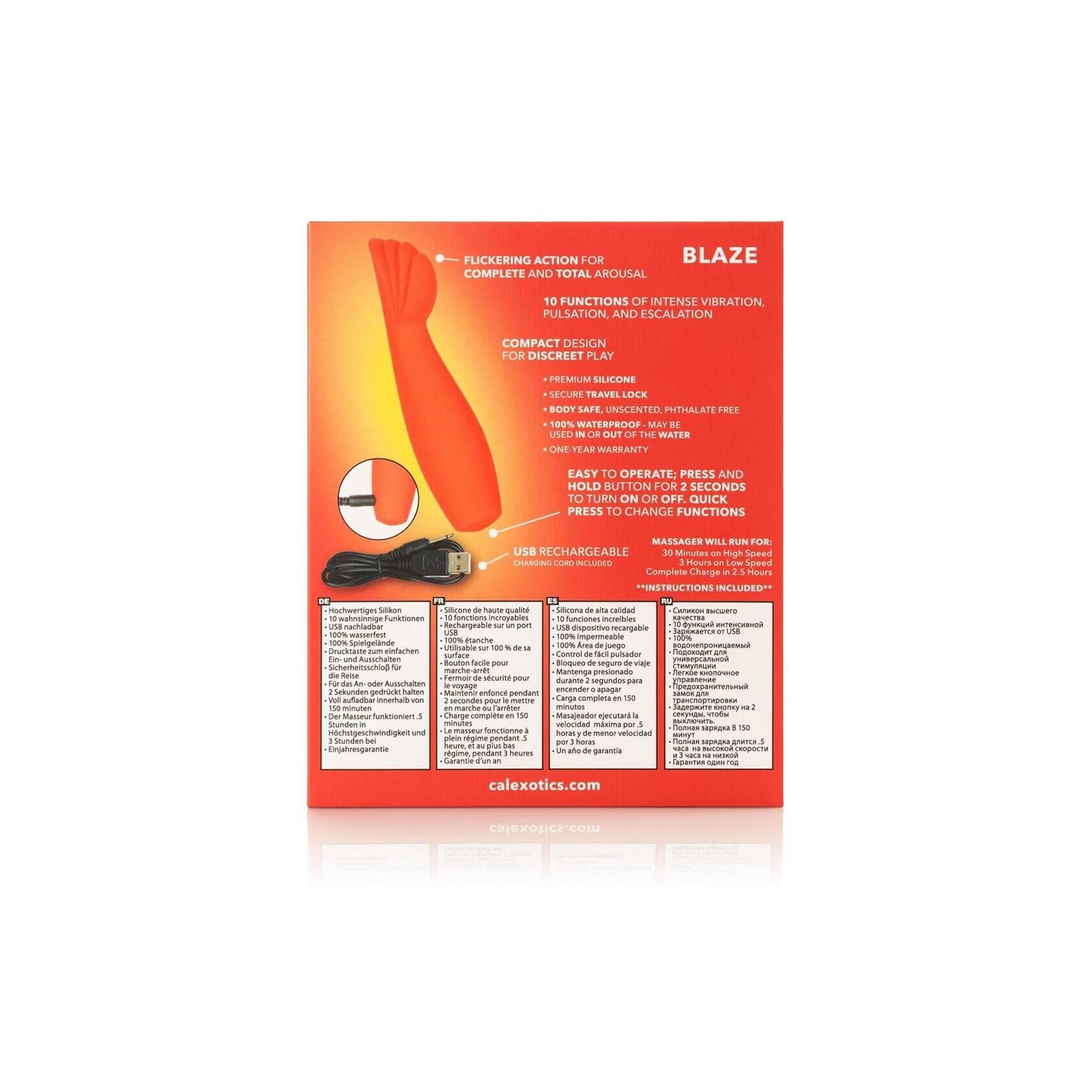 Orangener Vibrator in Verpackung. Aufdrucke: 16 Vibrationsmodi, USB-Aufladung, wasserdicht. Marke: CalExotics.