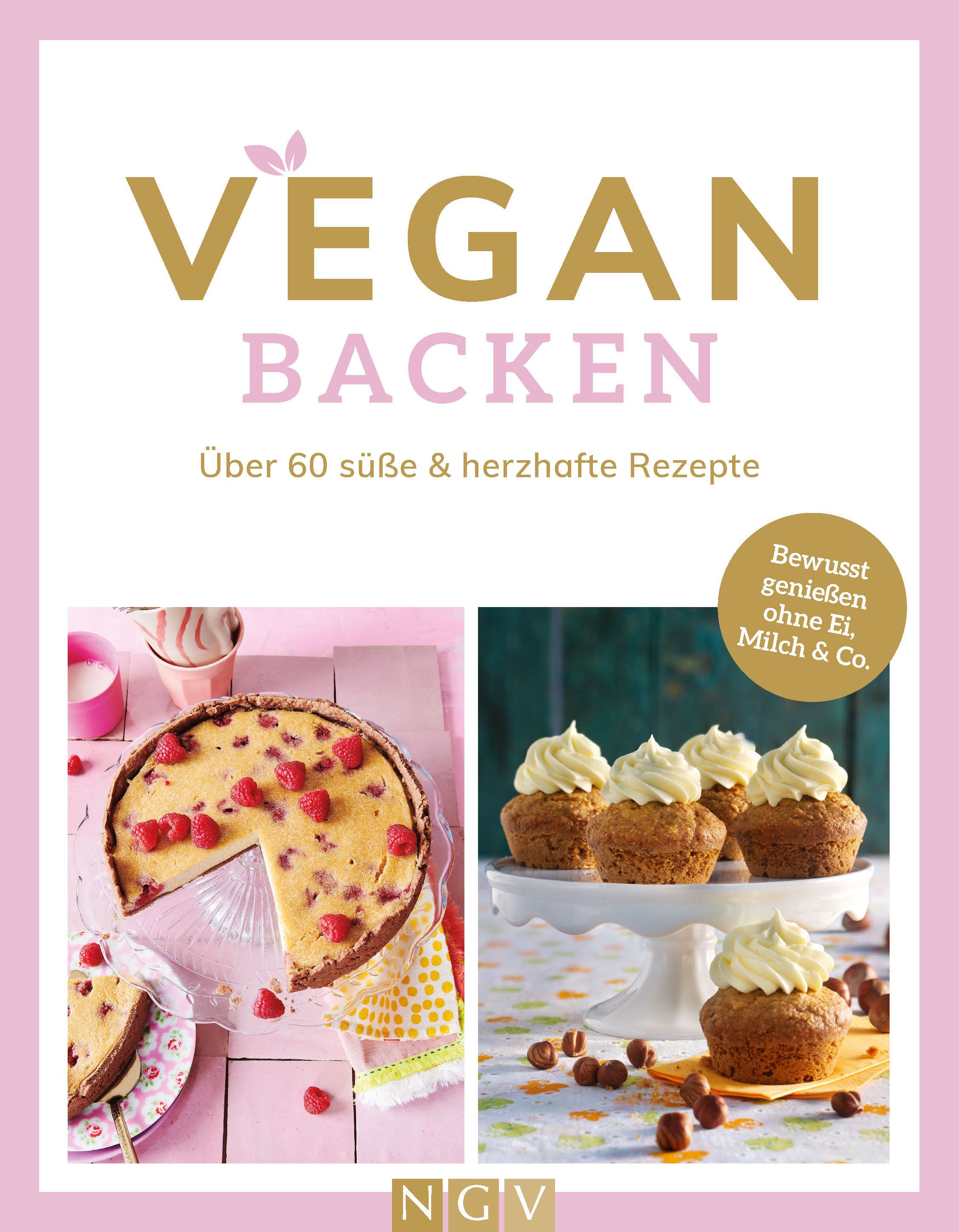 Buch "Vegan Backen" mit Kuchen und Muffins. Titel in Gold, pinker Hintergrund. Über 60 Rezepte.