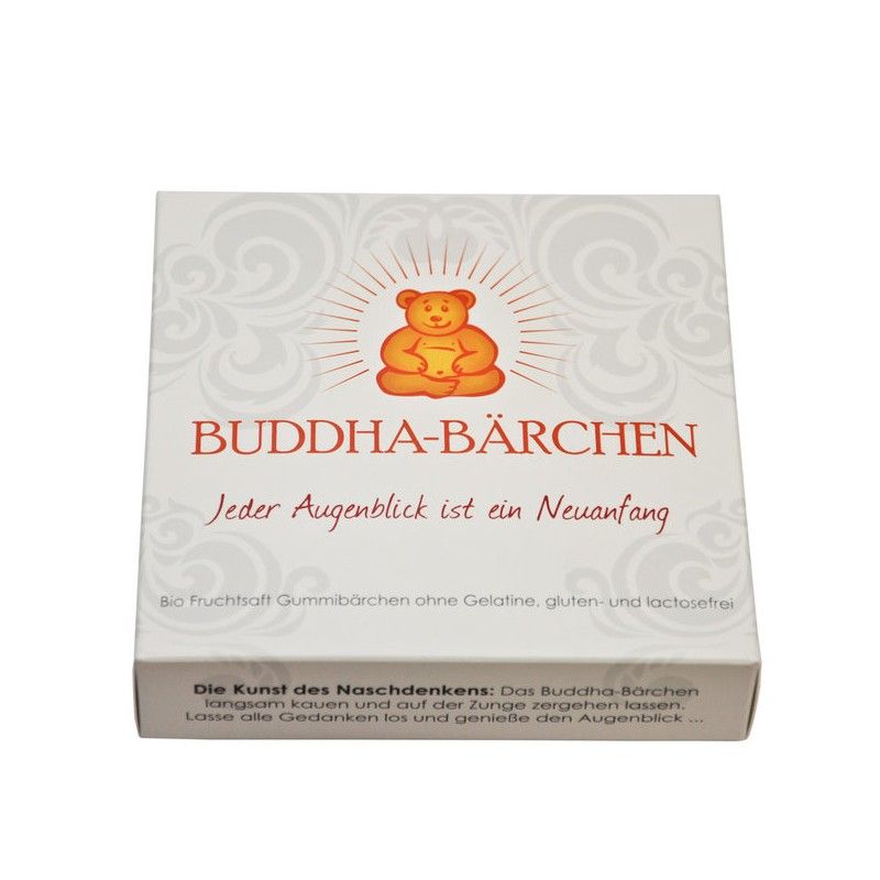 Quadratische Verpackung mit "Buddha-Bärchen"-Logo. Text: "Jeder Augenblick ist ein Neuanfang". Gummibärchen-Box.