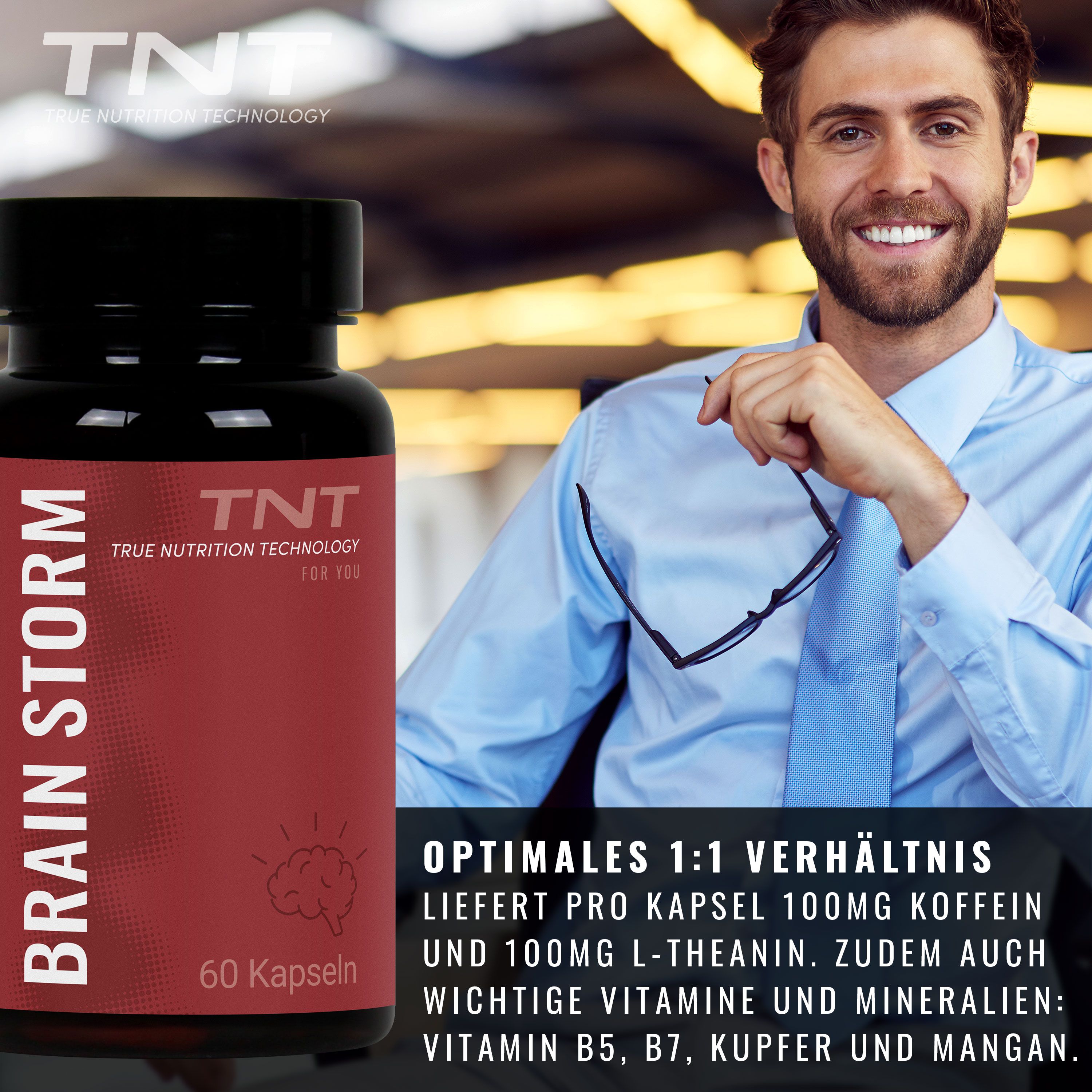 Mann hält Kapseln in der Hand. Flasche mit Aufschrift: BRAIN STORM, TNT, 60 Kapseln.