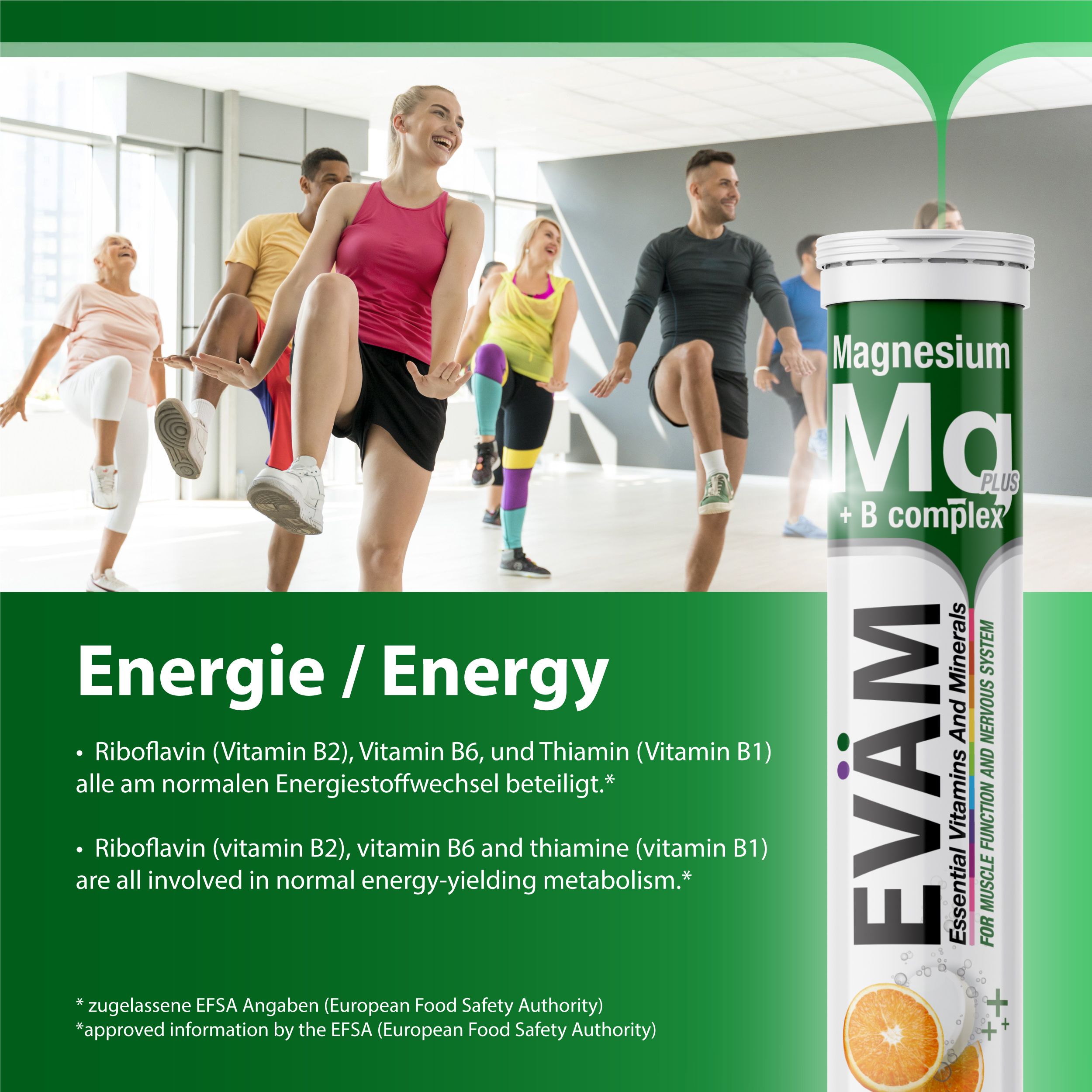 EVÄM Magnesium + B-Komplex Tube, mit Sportlern. Energie-Vorteile: Riboflavin, Vitamin B6, Thiamin. In normalem Stoffwechsel.