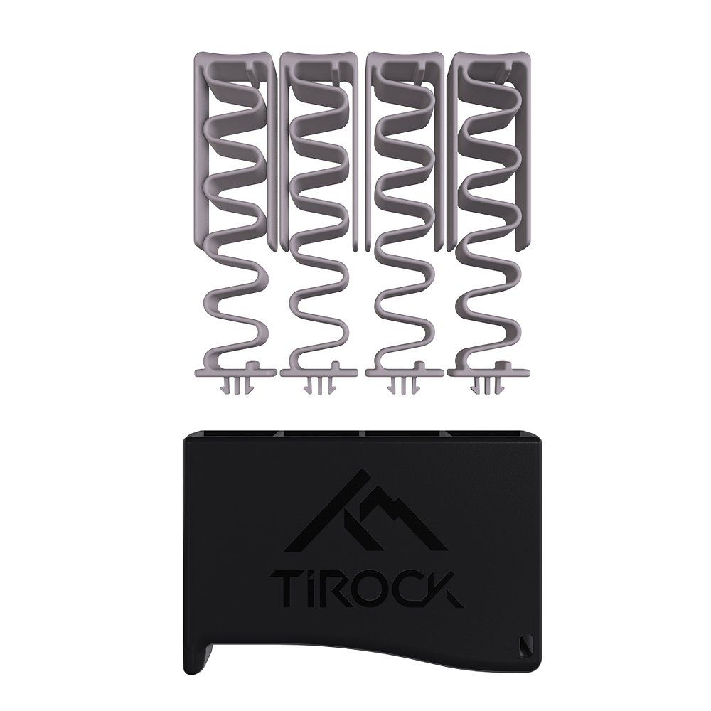 Schwarzes Trainingsgerät und vier graue Federn, getrennt dargestellt. Das Logo "TiRock" ist sichtbar.