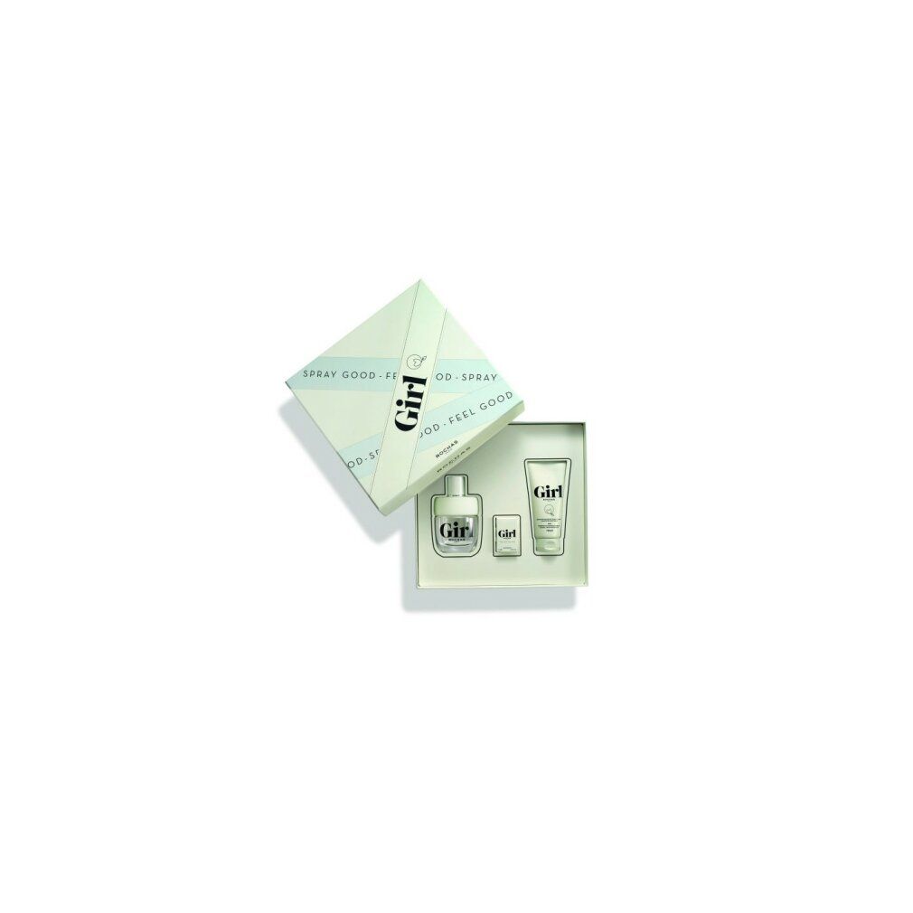 Rochas Girl Set: Geöffnete Box mit Eau de Toilette Flakon, kleinem Flakon und Peeling-Gel Tube.
