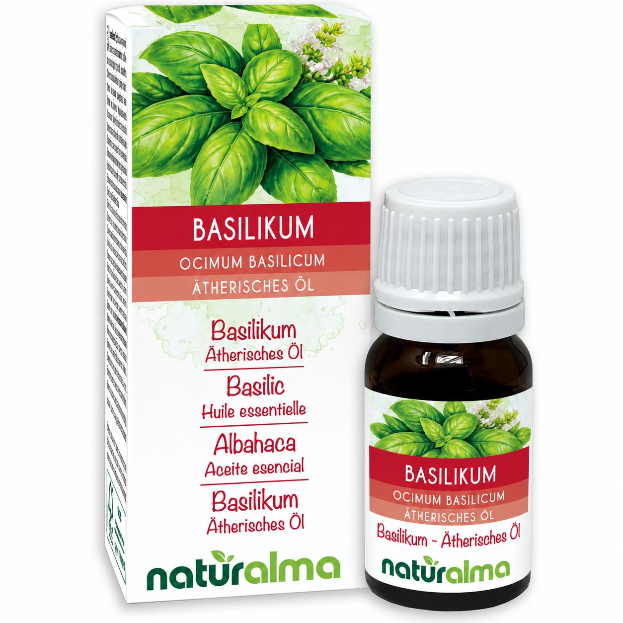 Flasche und Schachtel mit Basilikum-Ätherischem Öl von Naturalma.