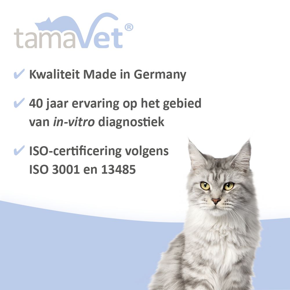 Zittende kat. Tekst: Kwaliteit Made in Germany, 40 jaar ervaring, ISO-certificering volgens ISO 3001 en 13485.