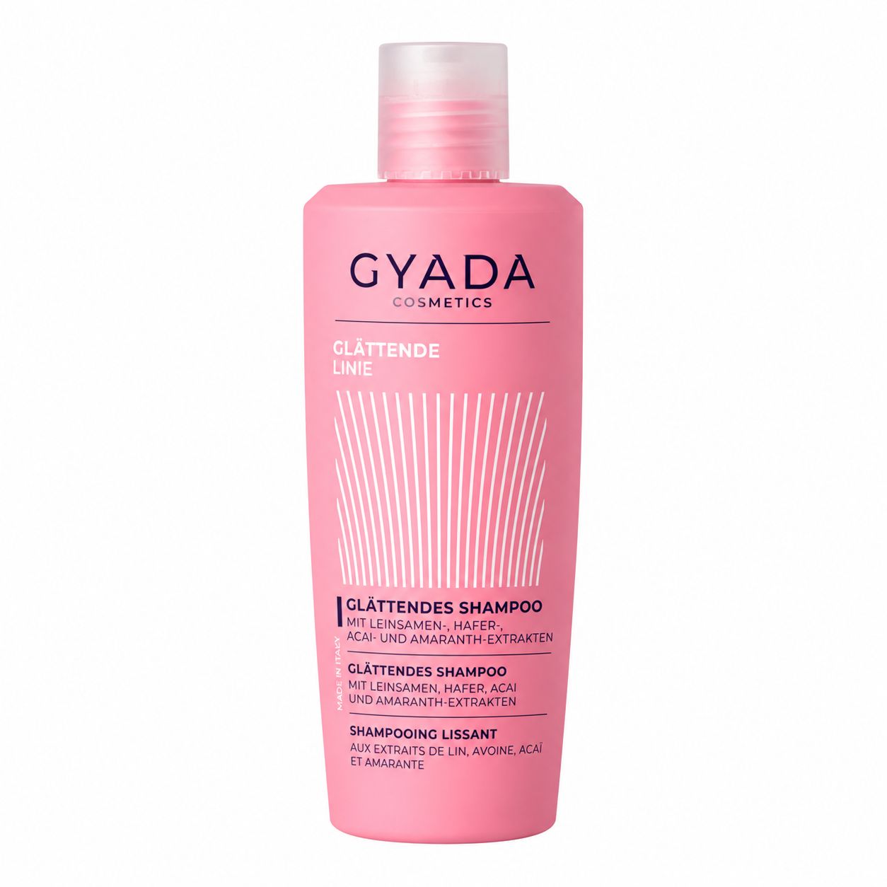 GYADA Cosmetics Glättendes Shampoo in rosa Flasche mit Informationen zu Vorteilen und Inhaltsstoffen.