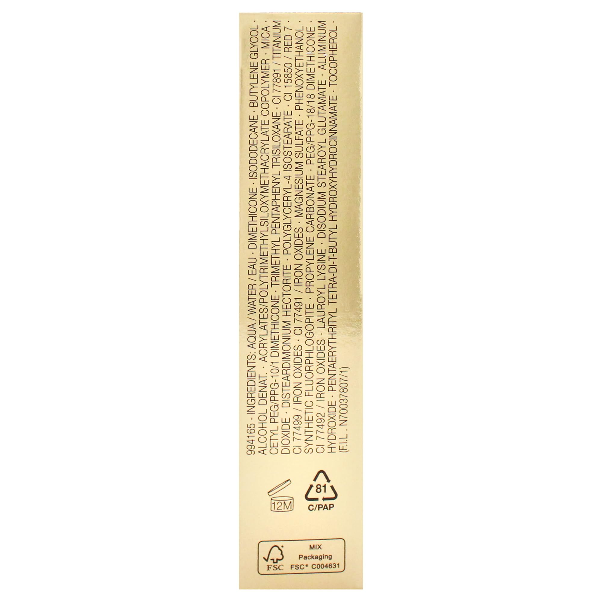 Goldfarbene Verpackung für flüssiges Rouge. Schwarzer Schriftzug und Logo. Produktinformationen und Inhaltsstoffe.
