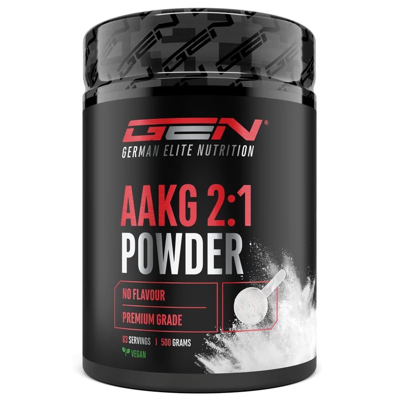 Schwarzer Behälter mit GEN AAKG 2:1 Pulver, 500 Gramm, No Flavour, Premium Grade.