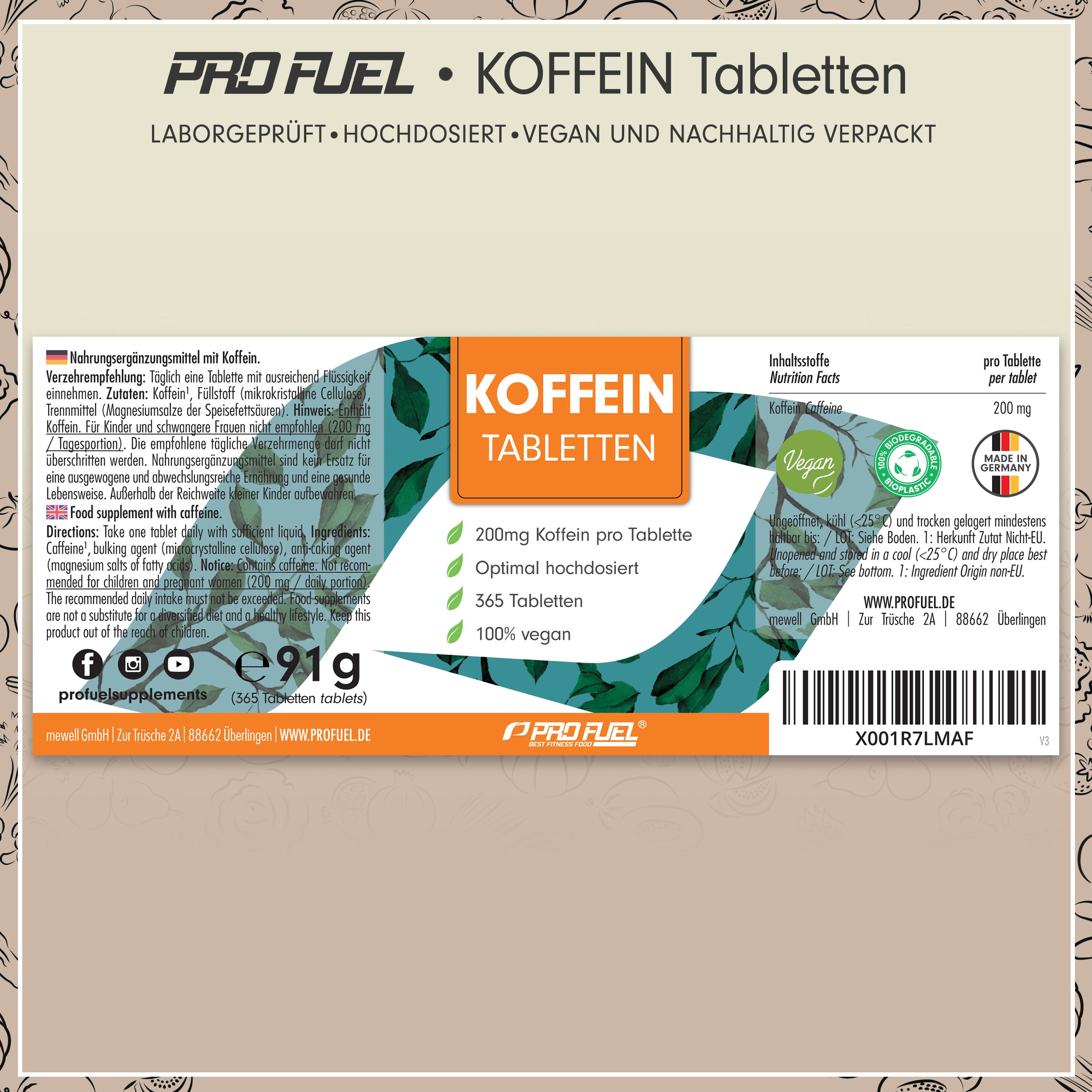 Rückseite der Verpackung von KOFFEIN Tabletten. 200mg Koffein pro Tablette. 365 Tabletten. Vegan. Hergestellt in Deutschland.