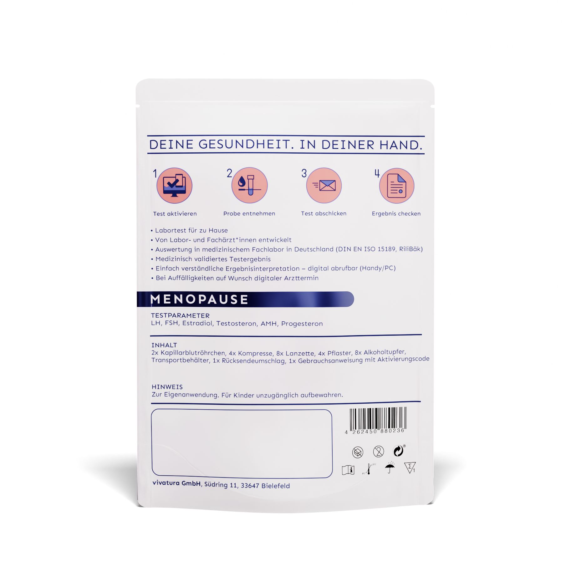 Rückseite der Verpackung. Text: Deine Gesundheit. In deiner Hand. Menopause. Inhalt: Testparameter, Zubehör.