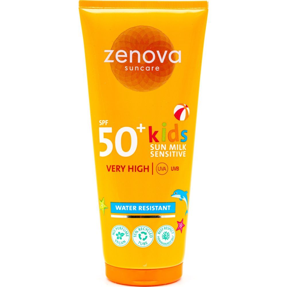Gelbe Tube mit Zenova Sonnenmilch Kinder sensitiv SPF50+. Text: SPF 50+, Very High, Water Resistant. Logos.