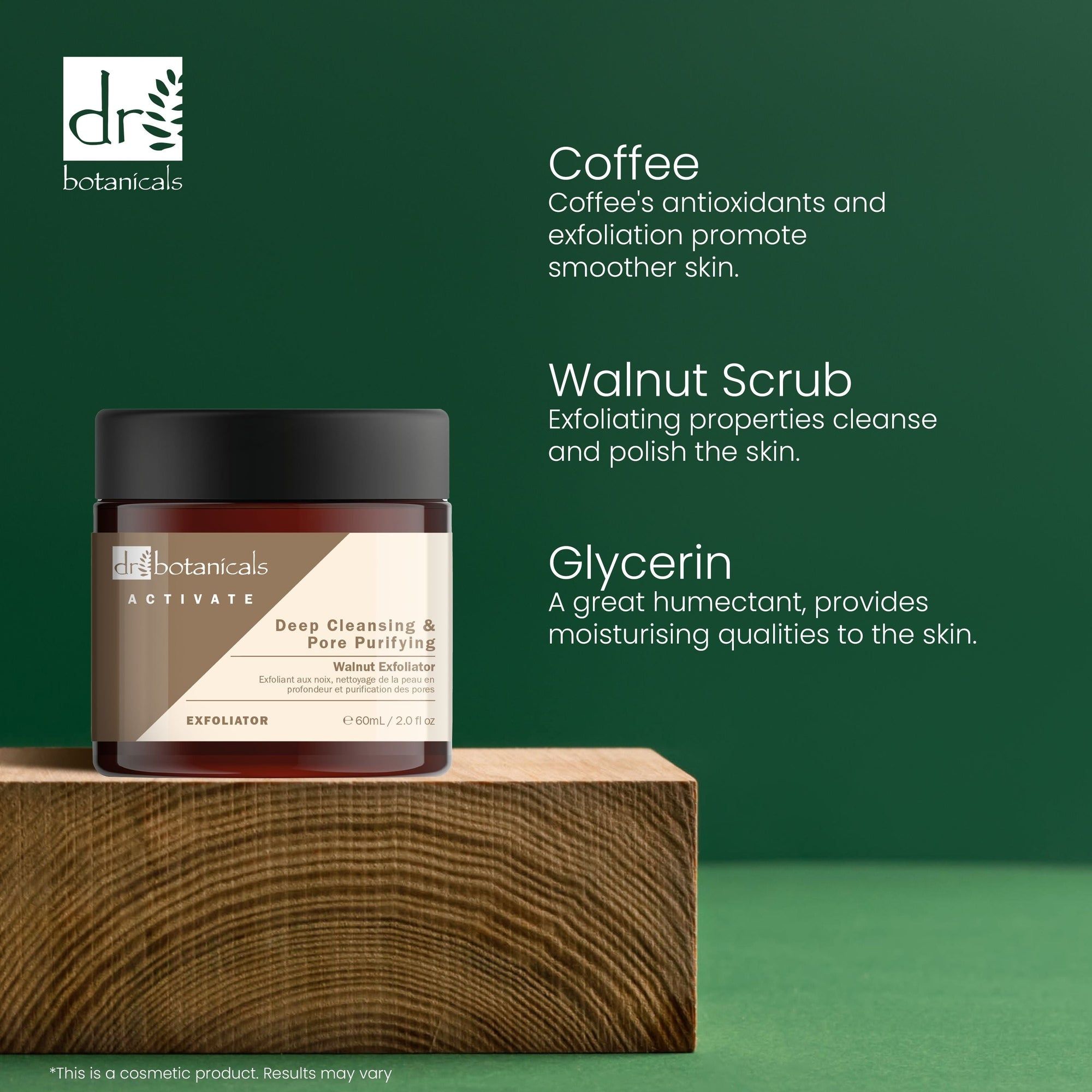 Produkt auf Holzblock. Brauner Tiegel mit schwarzem Deckel. Text: Coffee, Walnut Scrub, Glycerin. Hintergrund: grüner Farbverlauf.