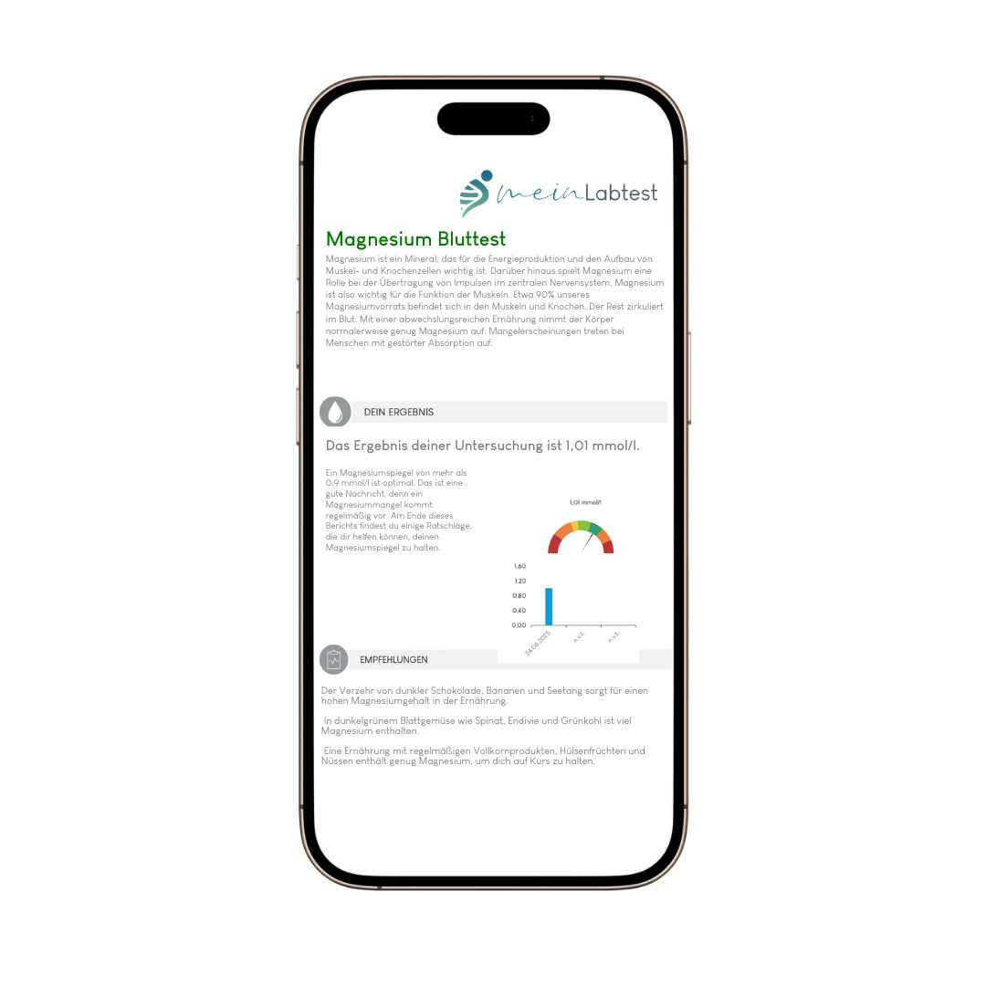 Smartphone mit Meinlabtest-App. Anzeige: Magnesium-Bluttest, Testergebnisse, Diagramme. Meinlabtest-Logo. Weißer Hintergrund.