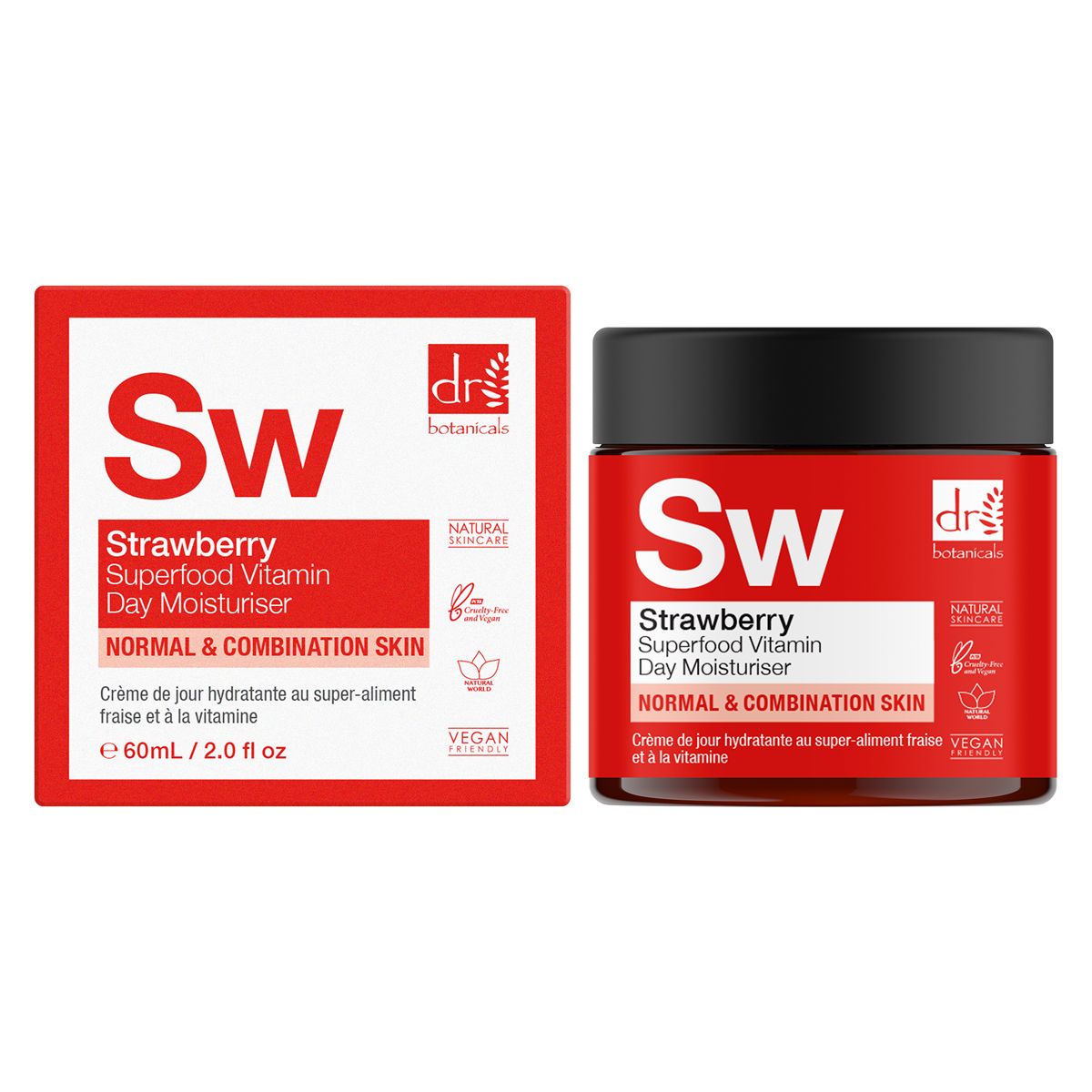 Rote Creme-Dose und Verpackung. Aufschrift: Strawberry Superfood Vitamin C Day Moisturiser. Vegan-Siegel.