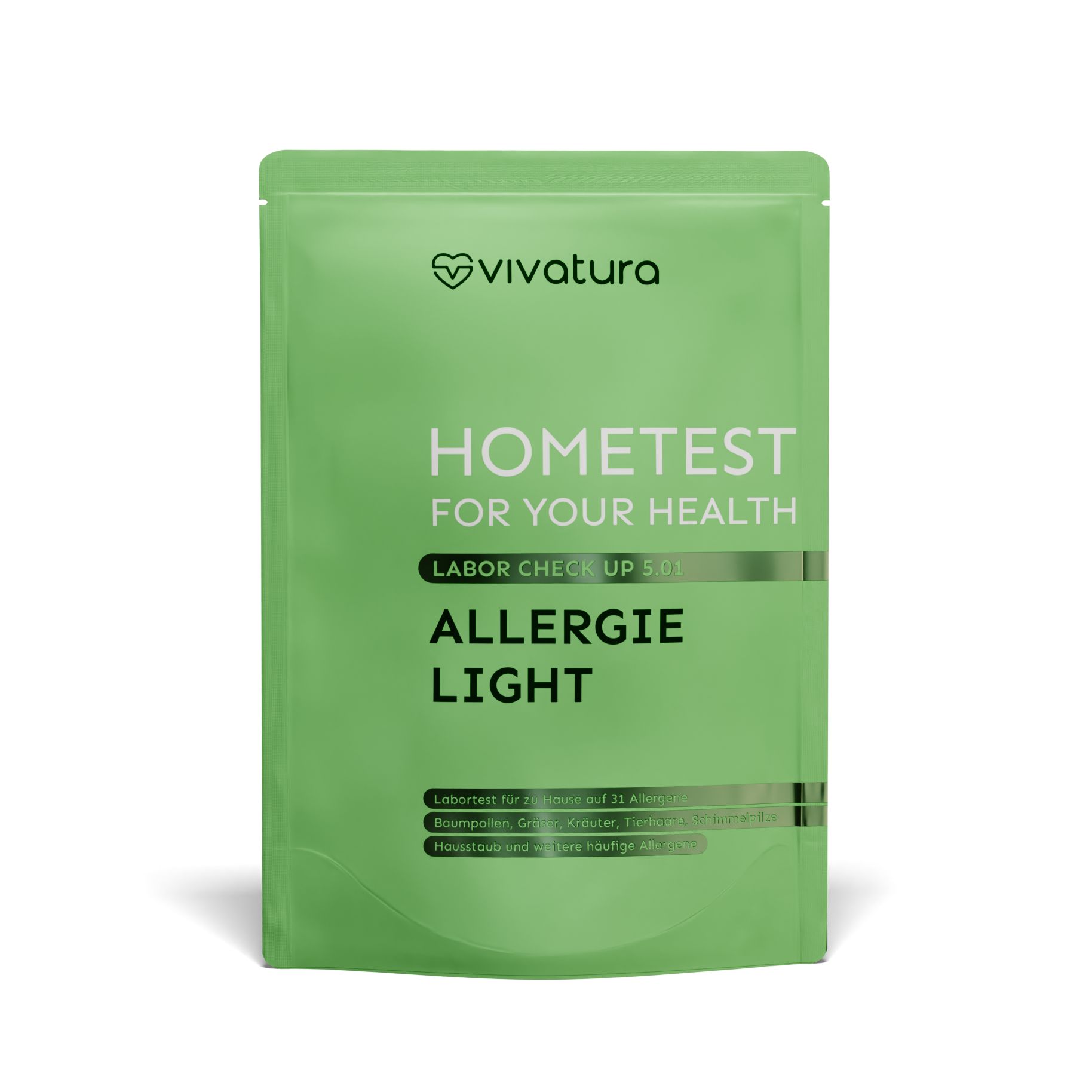 Grüne Verpackung mit vivatura® Logo und Text: HOMETEST FOR YOUR HEALTH, ALLERGIE LIGHT. Labor Check Up Set.