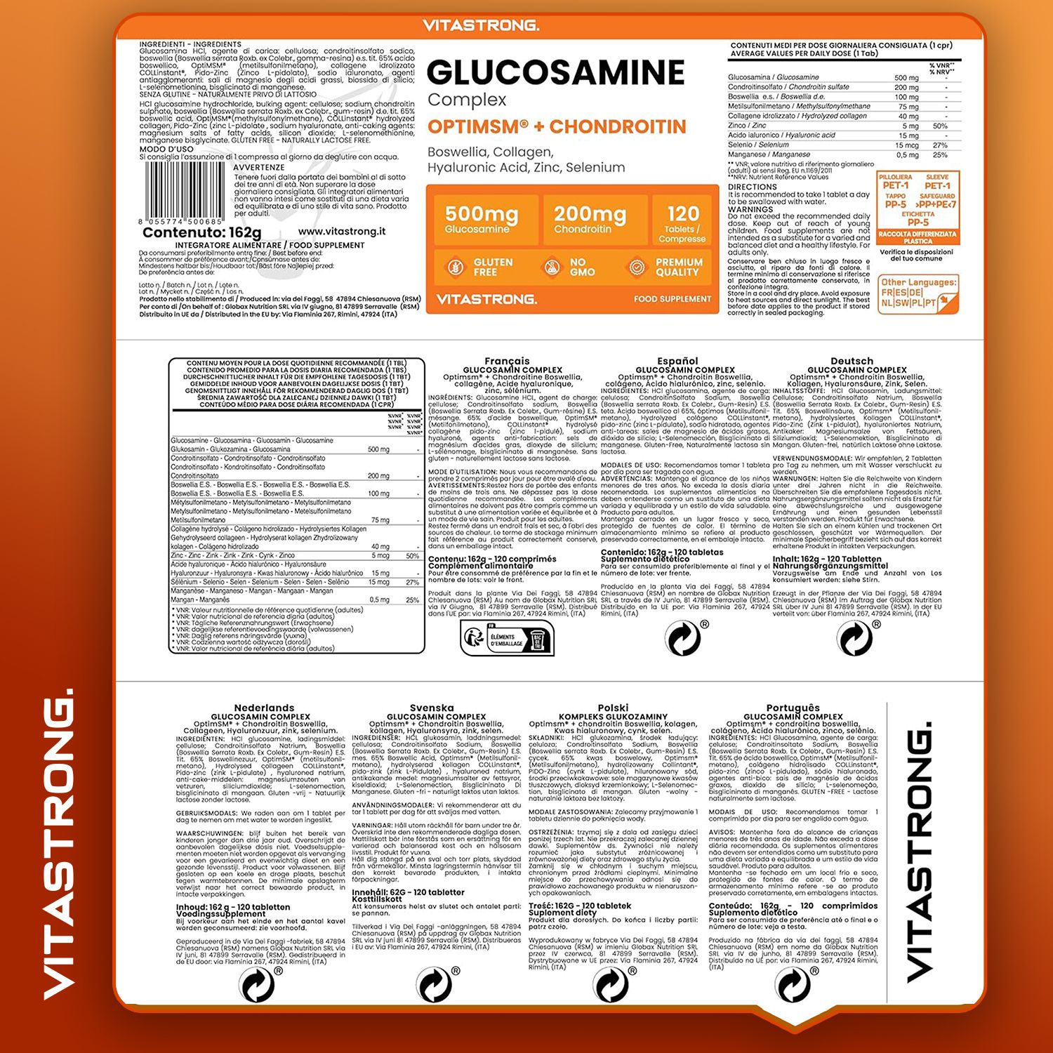 Rückseite der Vitastrong Glucosamin + Chondroitin-Verpackung. Text in verschiedenen Sprachen. Orangefarbener Hintergrund. Vitastrong-Logo.