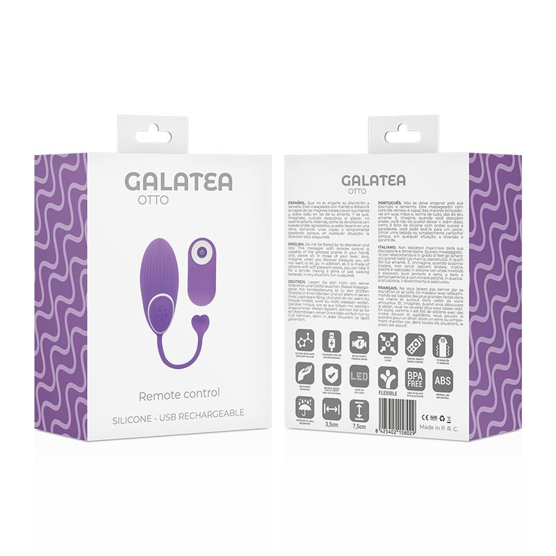 Verpackung von Galatea Otto. Aufdruck: Vibrator, Fernbedienung, Silikon, USB-Aufladung. Rückseite mit Piktogrammen und Text.