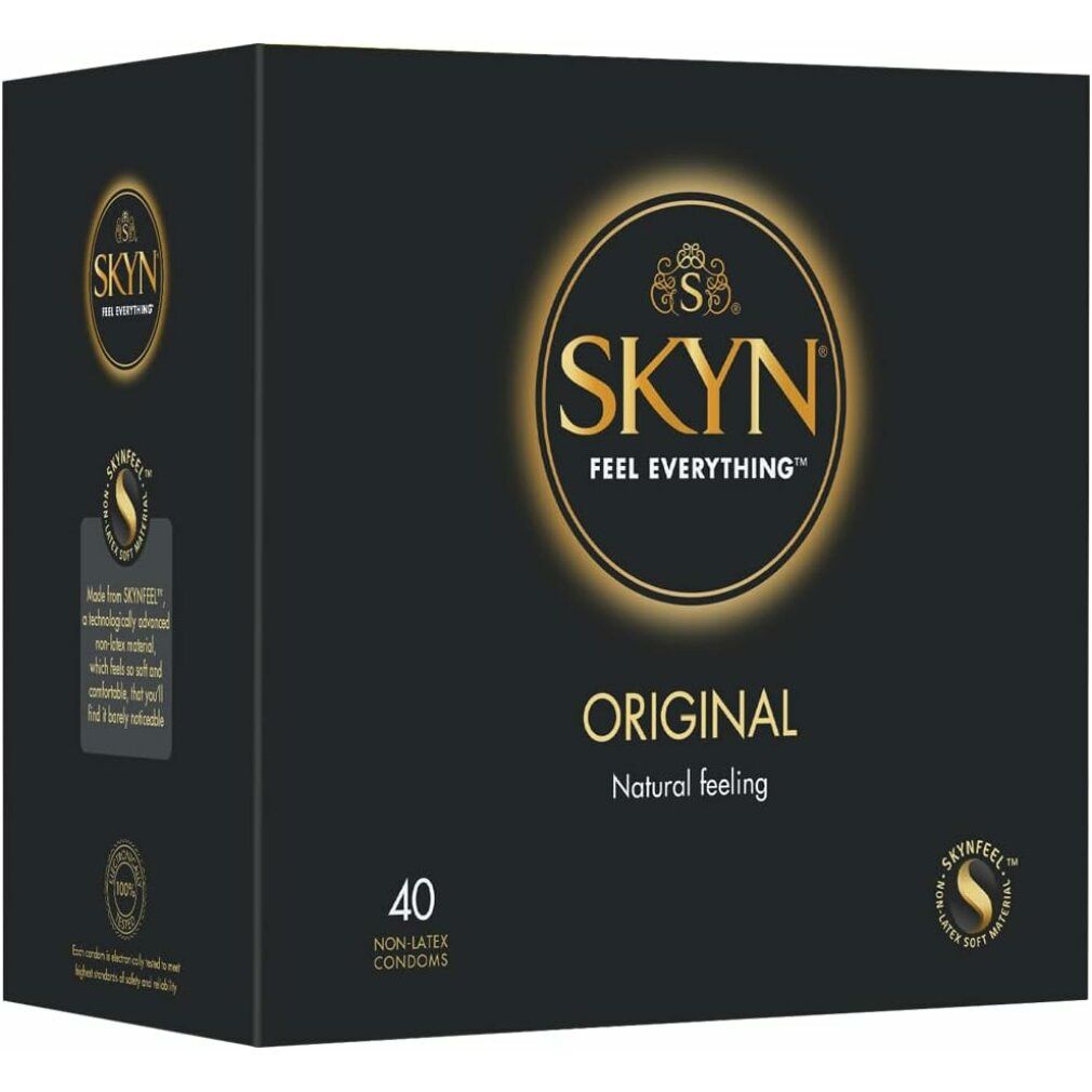 Schwarze Verpackung SKYN Original. Enthält 40 Kondome. Logo und Aufschrift "Original". SKYNFEEL-Logo.