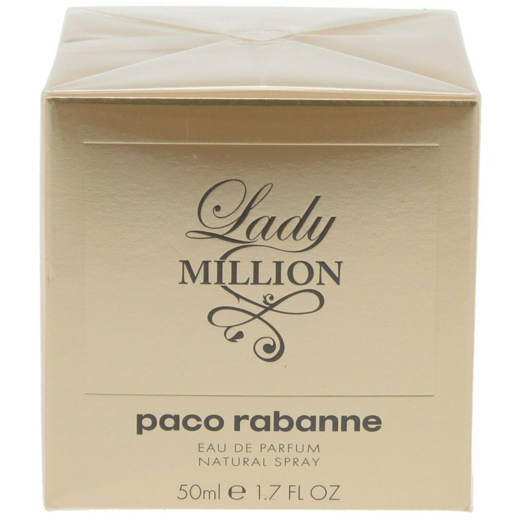 Goldfarbene Schachtel mit Aufschrift Lady MILLION und paco rabanne. Eau de Parfum Natural Spray.