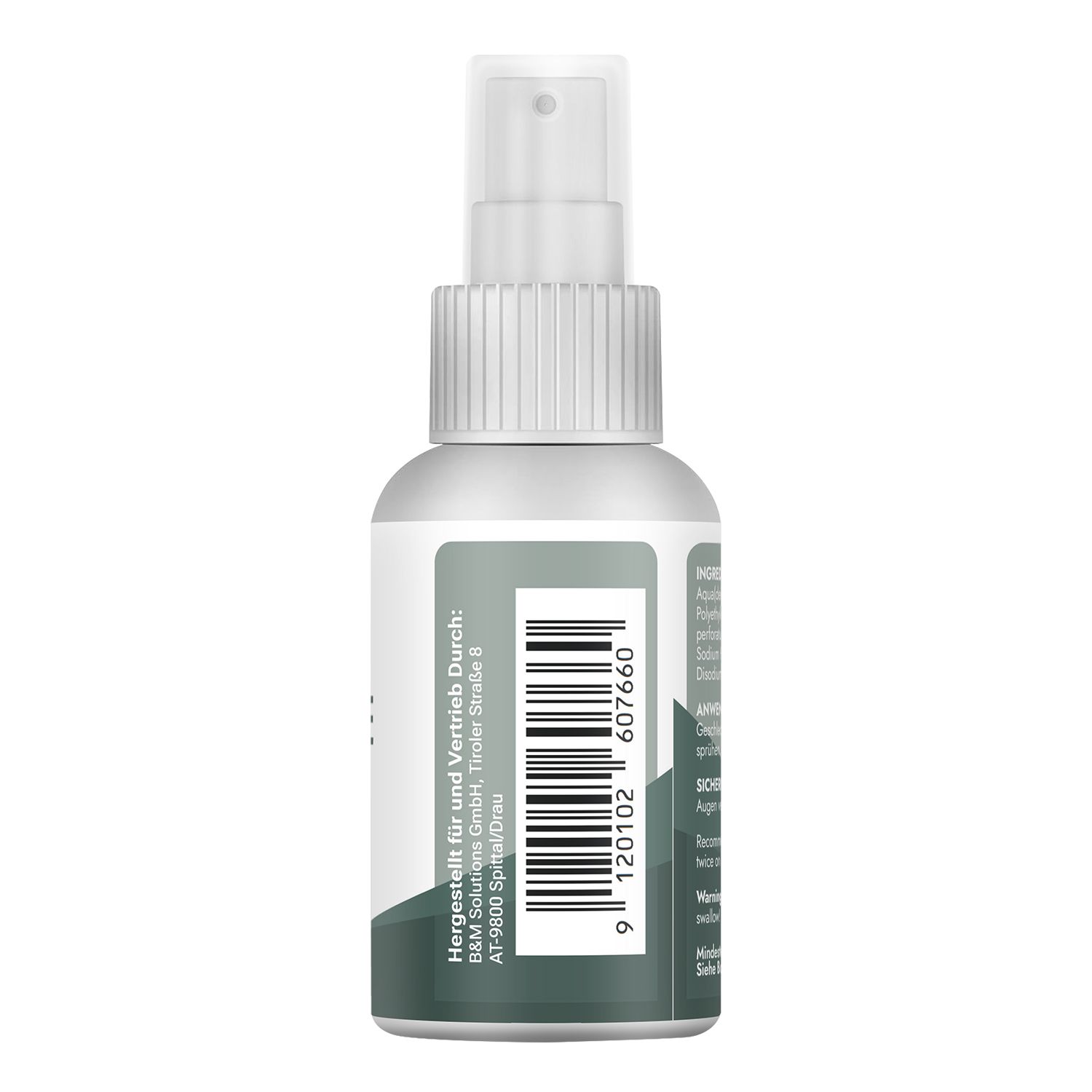 Rückseite der Sprayflasche. Etikett mit Herstellerinformationen und Barcode. Text in deutscher Sprache.