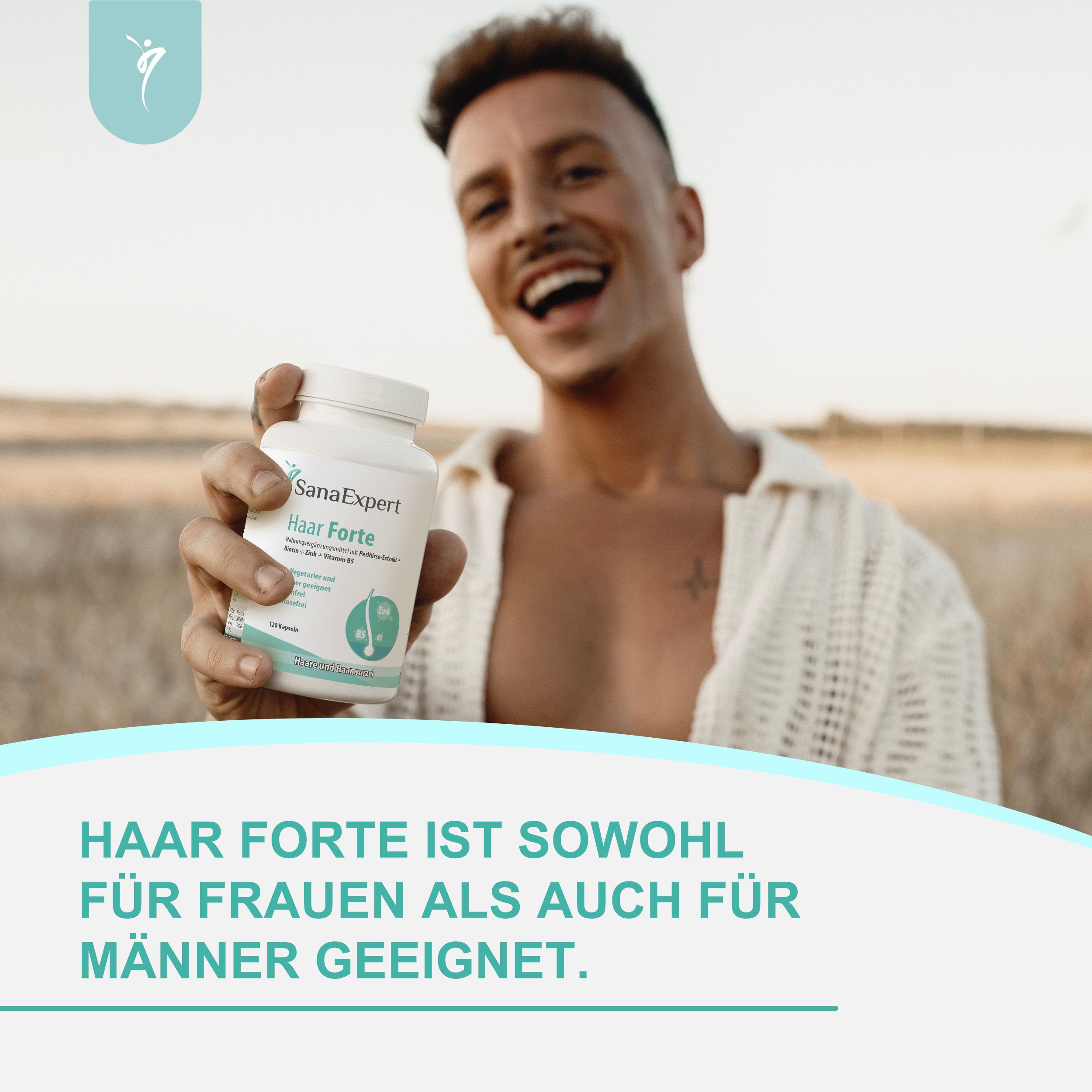 Mann mit Flasche SanaExpert Haar Forte, geeignet für Frauen und Männer.