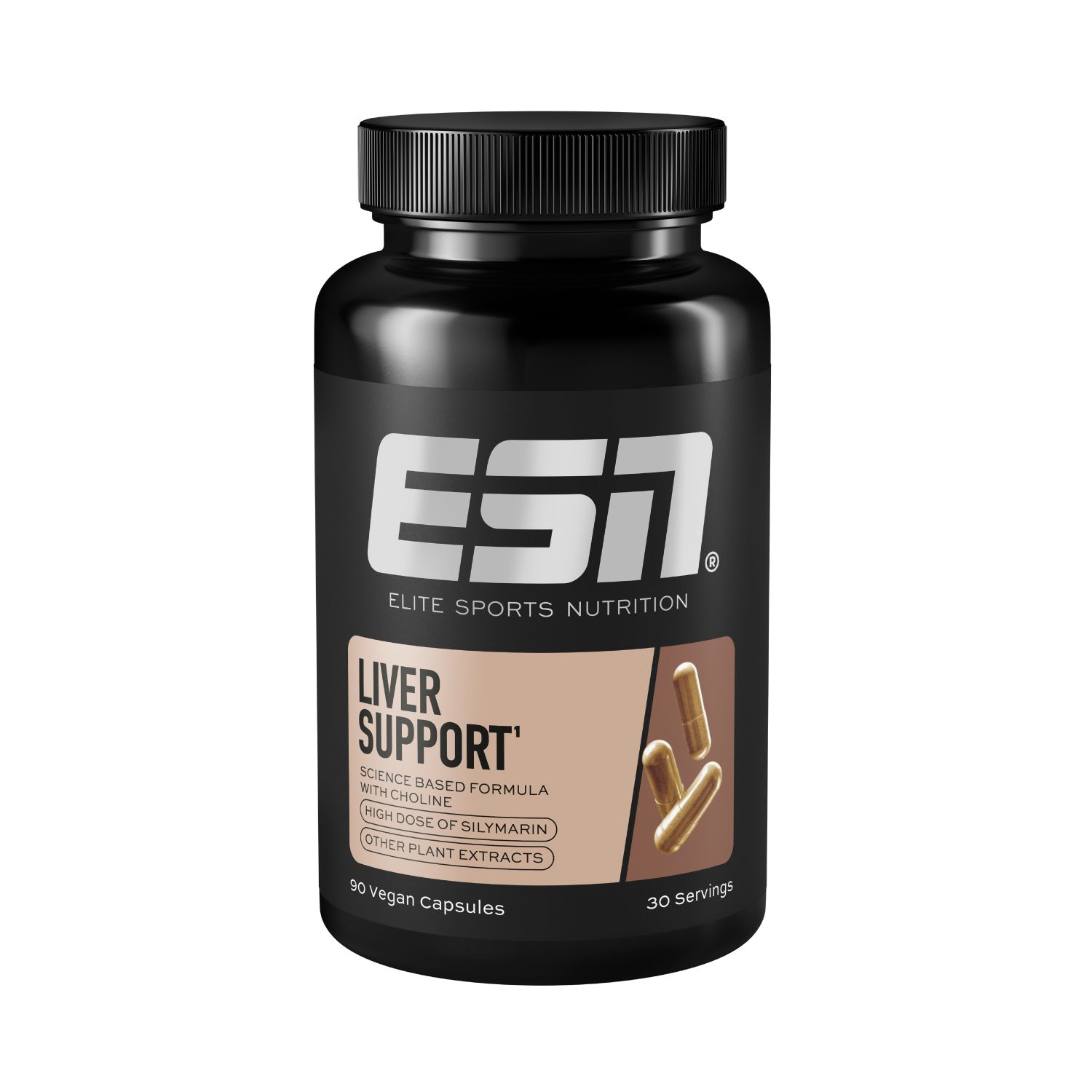 Schwarze Flasche mit ESN-Logo und Aufschrift "Liver Support". Braunes Etikett mit Kapseln. 30 Portionen, 90 vegane Kapseln.