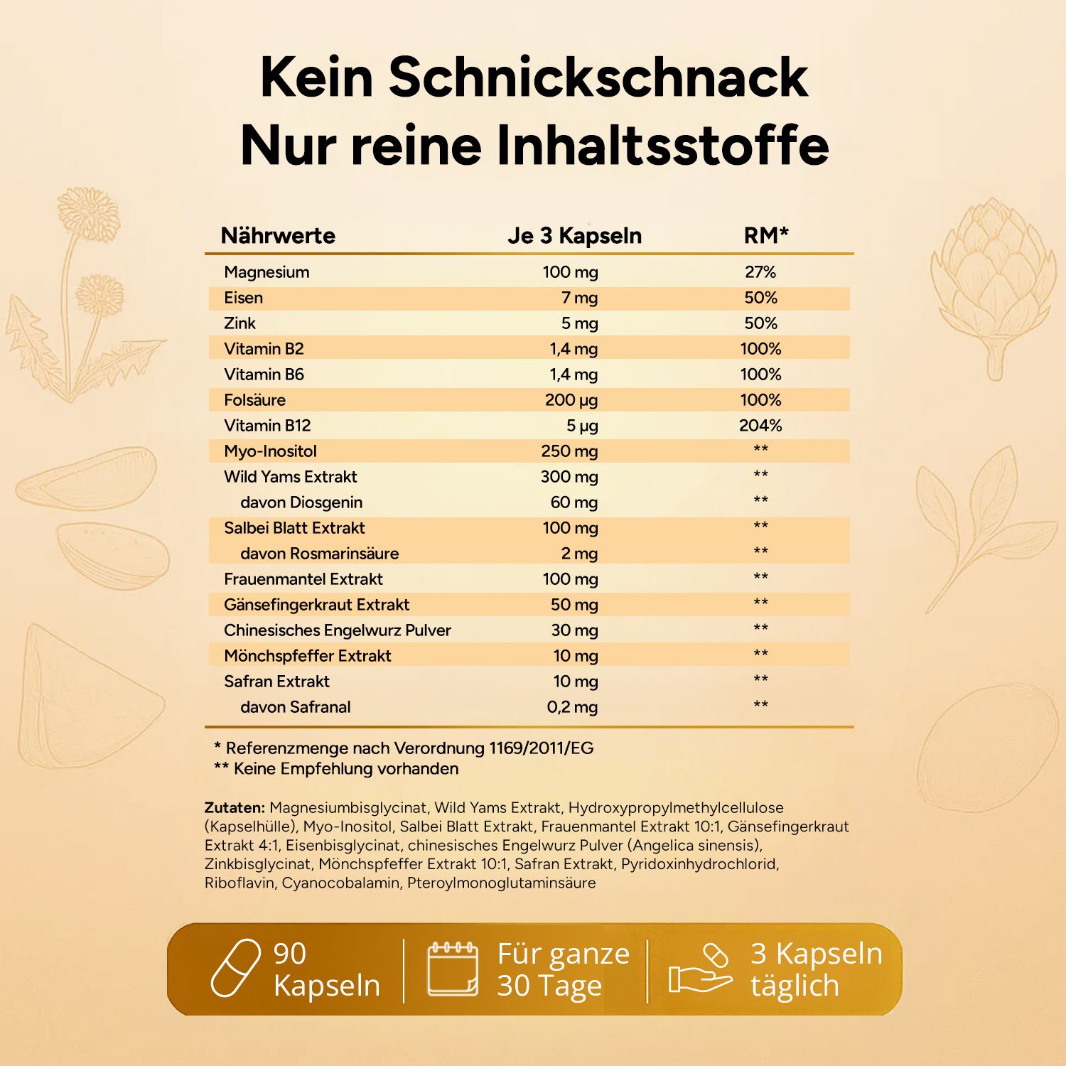 Nährwerttabelle mit Angaben zu Inhaltsstoffen und Nährwerten pro 3 Kapseln. Enthält Magnesium, Eisen, Zink, etc.
