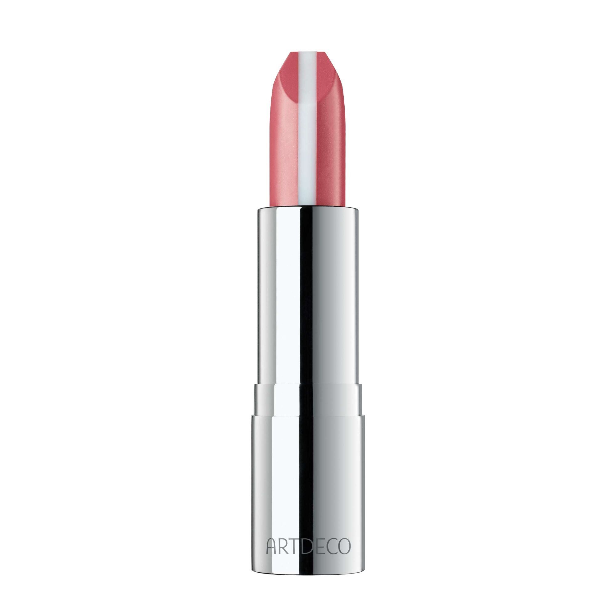 Lippenstift mit rosa Farbe und weißem Streifen. Silberfarbener Behälter. Text: ARTDECO.