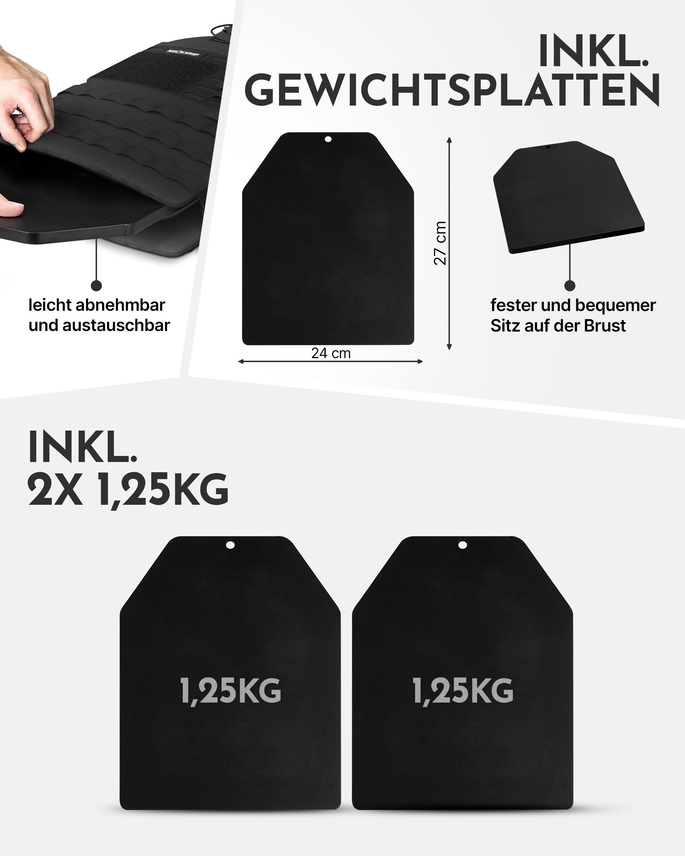 Schwarze NEOLYMP Gewichtsweste mit zwei schwarzen Platten. Platten zeigen '1,25KG'. Abmessungen: 27cm hoch, 24cm breit. Text: 'inkl. Gewichtsplatten'. Text: 'inkl. 2X 1,25KG'.