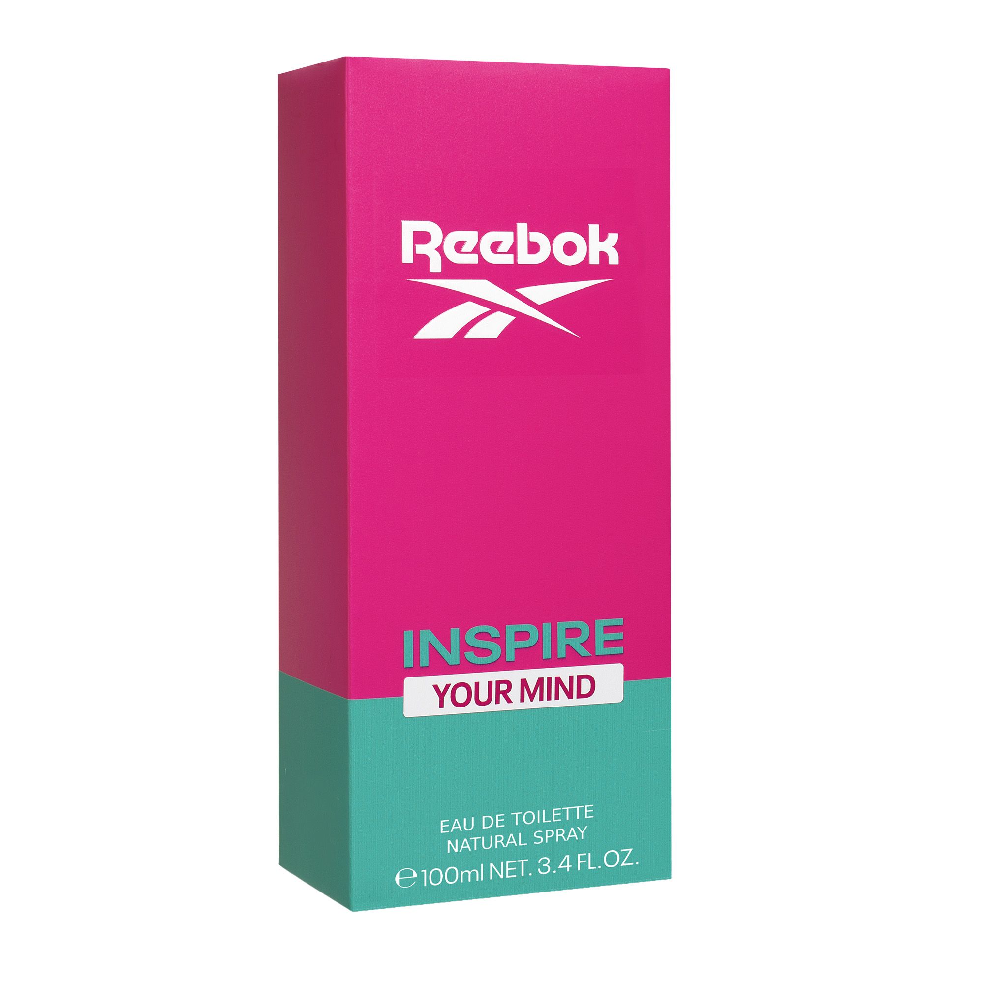 Rosa Verpackung mit weißem Reebok-Logo und "INSPIRE YOUR MIND". Unterteil in Türkis. Text: Eau de Toilette, Natural Spray.