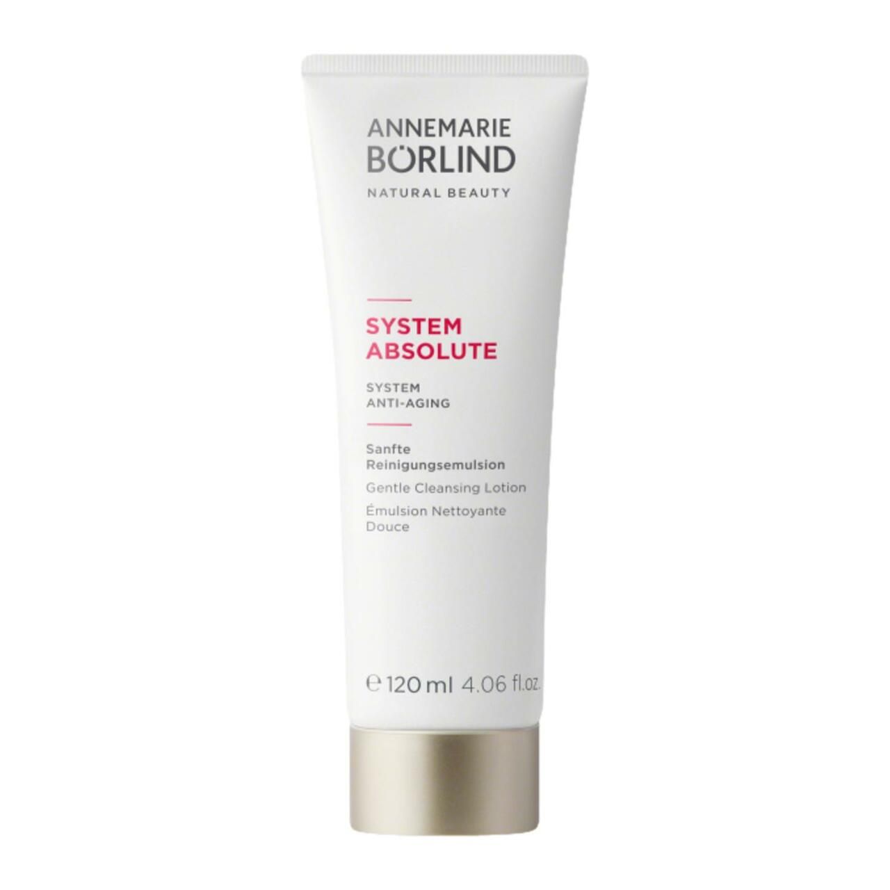 Weiße Tube mit Produktnamen und -bezeichnung. Goldfarbener Verschluss. 120 ml.