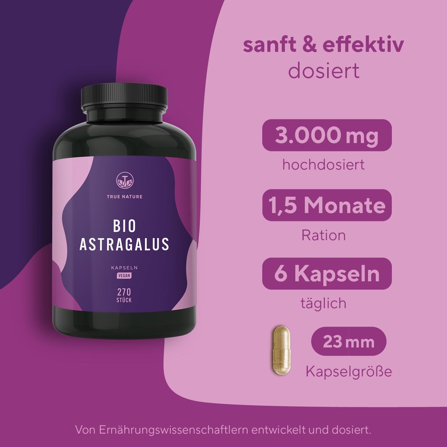 Dunkle Flasche mit Kapseln. Aufschrift: BIO ASTRAGALUS, 270 Stück. Daneben: 6 Kapseln täglich, 23 mm Kapselgröße.