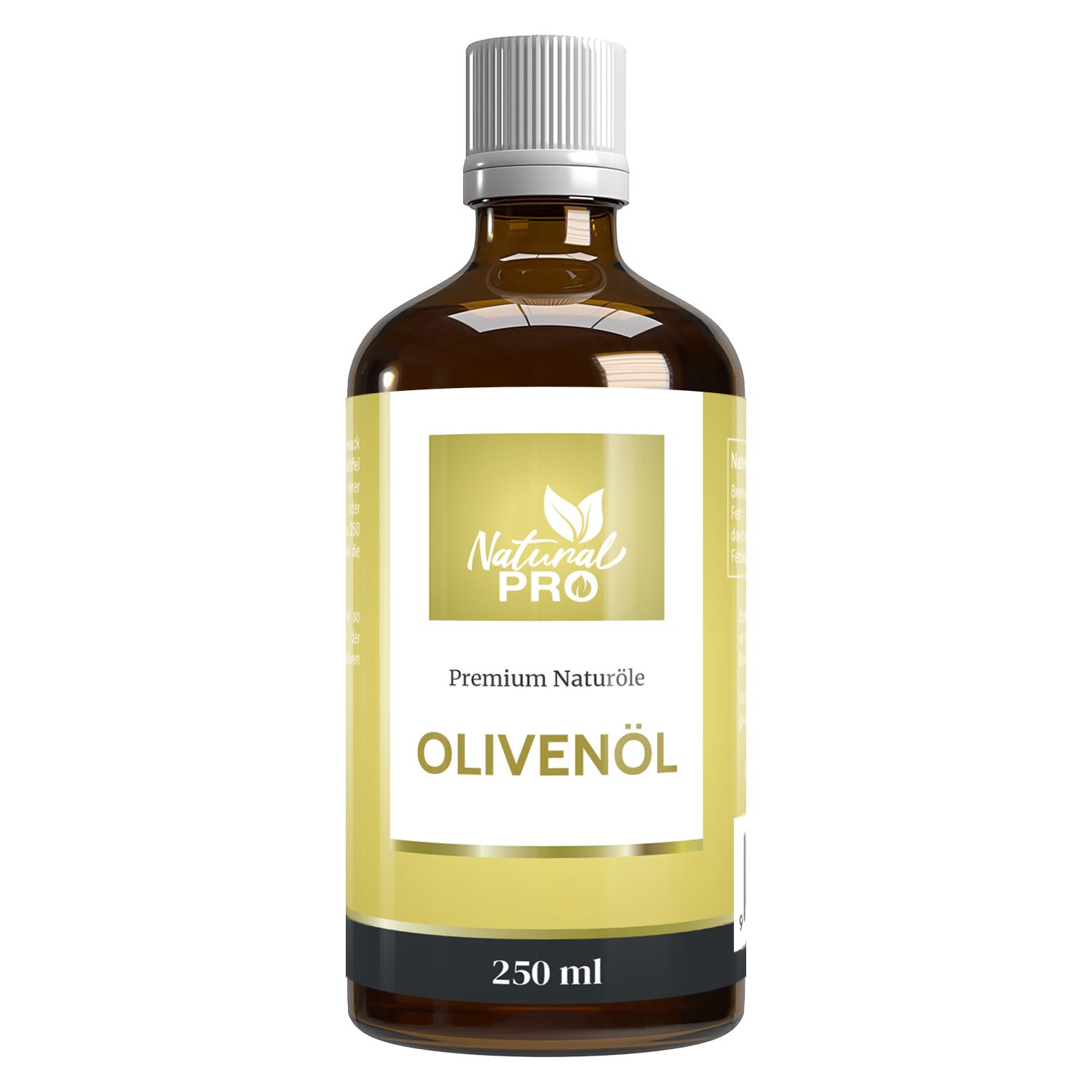 Braune Glasflasche Olivenöl. Etikett mit Produktname und 250 ml.